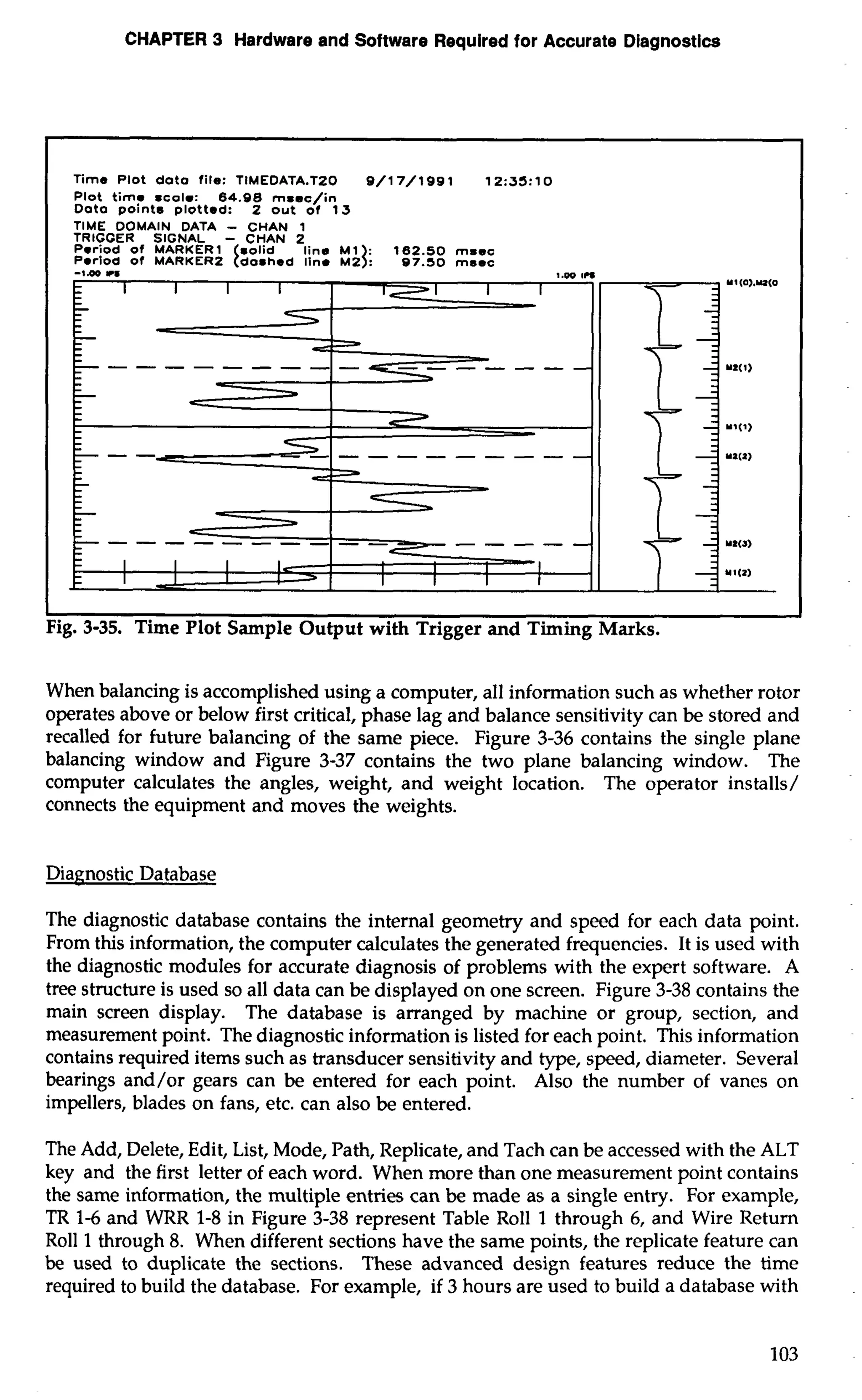 CHAPTER 3 Hardware and Software Required for Accurate Diagnostics 
Time Plot doto file: TIMEDATA.TZ0 9/17/199 1 12:35:10 
Plot time scole: 64.98 mseo/in 
Doto points plotted: 2 out of 13 
TIME DOMAIN DATA - CHAN 1 
TRIGGER SIGNAL - CHAN 2 
Period of MARKER1 solid line M1 162.S0 msso 
PWIod of MARKER2 {doshed line Mzli 97.50 msec 
I I 
Fig. 3-35. Time Plot Sample Output with Trigger and Timing Marks. 
When balancing is accomplished using a computer, all information such as whether rotor 
operates above or below first critical, phase lag and balance sensitivity can be stored and 
recalled for future balancing of the same piece. Figure 3-36 contains the single plane 
balancing window and Figure 3-37 contains the two plane balancing window. The 
computer calculates the angles, weight, and weight location. The operator installs/ 
connects the equipment and moves the weights. 
Diagnostic Database 
The diagnostic database contains the internal geometry and speed for each data point. 
From this information, the computer calculates the generated frequencies. It is used with 
the diagnostic modules for accurate diagnosis of problems with the expert software. A 
tree structure is used so all data can be displayed on one screen. Figure 3-38 contains the 
main screen display. The database is arranged by machine or group, section, and 
measurement point. The diagnostic information is listed for each point. This information 
contains required items such as transducer sensitivity and type, speed, diameter. Several 
bearings and/or gears can be entered for each point. Also the number of vanes on 
impellers, blades on fans, etc. can also be entered. 
The Add, Delete, Edit, List, Mode, Path, Replicate, and Tach can be accessed with the ALT 
key and the first letter of each word. When more than one measurement point contains 
the same information, the multiple entries can be made as a single entry. For example, 
TR 1-6 and WRR 1-8 in Figure 3-38 represent Table Roll 1 through 6, and Wire Return 
Roll 1 through 8. When different sections have the same points, the replicate feature can 
be used to duplicate the sections. These advanced design features reduce the time 
required to build the database. For example, if 3 hours are used to build a database with 
 