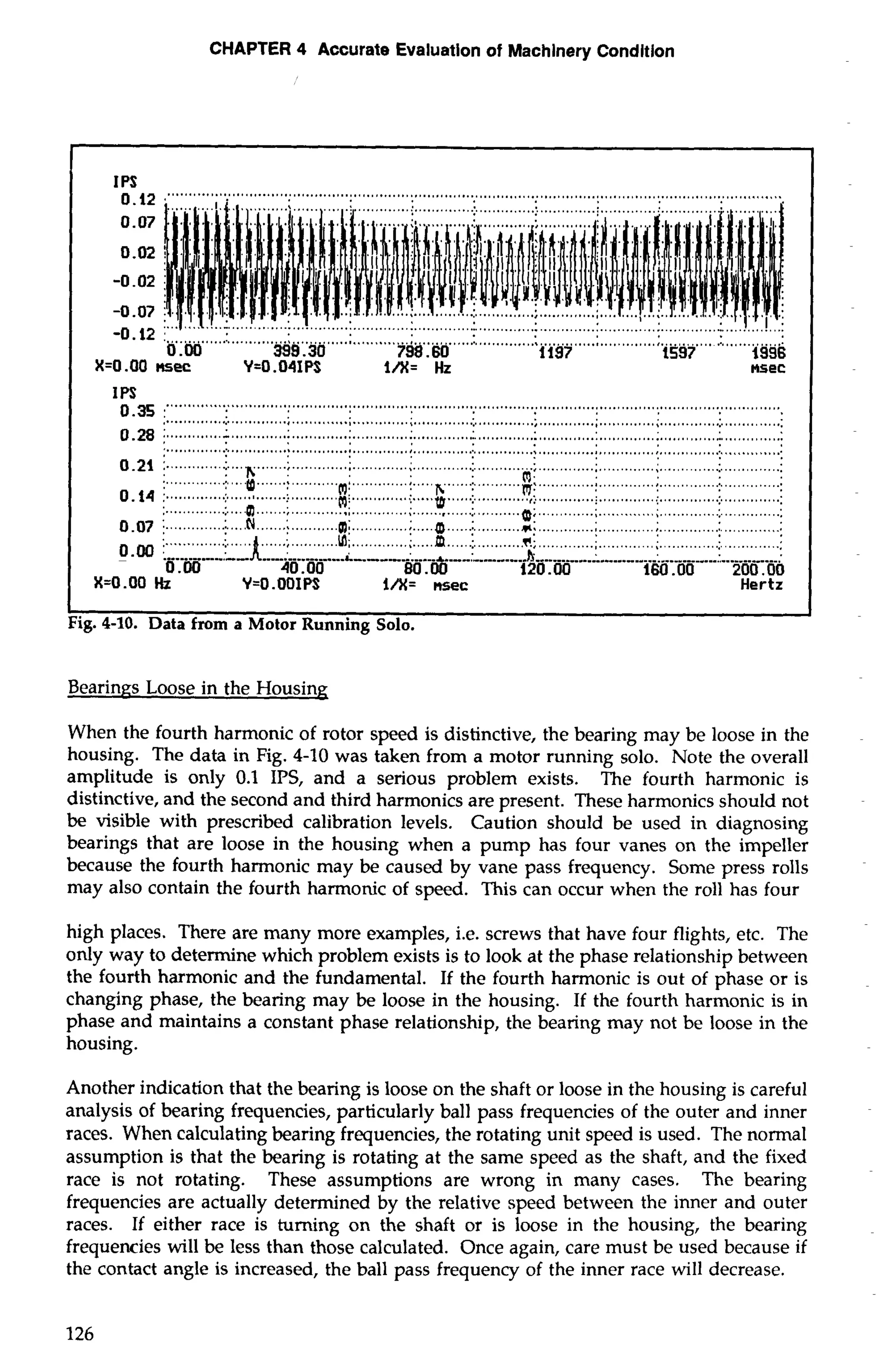 CHAPTER 4 Accurate Evaluation of Machinery Conditlon 
I PoS.1 2 ."""" .. " .............................................................................................................................. 
X=O .OO nsec Y=O.O4IPS l/X= Hz nsec 
I P0S.3 5 ...... ................................................................................................................................... 
.............:.. ... ..........;.. ......................................;.... ............... .............................. .......................... 
0.28 ; ............r. ....... ...................:.. ...........:.. .... ........:.. ............:.. ..........:.. .. .............. ..........:.. .. ............. 
....................... ............................................................................................................................ 
0.21 :. ............:.. . ..K.....; .................................................................................................................... 
...............:. ....(P .......; . .........,.+ ...........; . ....K................. . ............;.. ............; . ............:.. . ............. 0.14 i ............. .:....... ......i.. ......... . ........ ......... ............... ............ ................ ............. f .............i....,~ ! F: i i 
:. ............:.. ....0 .......; . .........................;.. ....................a. : .......................................................... 
0.07 i .............:.. . .. .NN.. ... ,: ......;.. a:... ..........; . ....0 ...... : . ..........# : .............; ... ......... .;. ............:.. ............:. 
..............:.. .. .....1 . ........M. l .............1 . ....m .....l ..........9 .;.. ...........i . ..........1 . ........................... 
[I --..---.:.---- --.-.--.--.-.-- i iiiiii:a . ----:. .-.--h--.---. h.h.h.h.h.h..h.h.: -..--..-....---.-:- ----.---.-.-. ----.-----: 
0.00 40.00 80.00 120 .OO 160.00 200.00 
X=O.OO Hz Y=O.OOIPS i/X= nsec Hertz 
Fig. 4-10. Data from a Motor Running Solo. 
Bearings Loose in the Housing 
When the fourth harmonic of rotor speed is distinctive, the bearing may be loose in the 
housing. The data in Fig. 4-10 was taken from a motor running solo. Note the overall 
amplitude is only 0.1 IPS, and a serious problem exists. The fourth harmonic is 
distinctive, and the second and third harmonics are present. These harmonics should not 
be visible with prescribed calibration levels. Caution should be used in diagnosing 
bearings that are loose in the housing when a pump has four vanes on the impeller 
because the fourth harmonic may be caused by vane pass frequency. Some press rolls 
may also contain the fourth harmonic of speed. This can occur when the roll has four 
high places. There are many more examples, i.e. screws that have four flights, etc. The 
only way to determine which problem exists is to look at the phase relationship between 
the fourth harmonic and the fundamental. If the fourth harmonic is out of phase or is 
changing phase, the bearing may be loose in the housing. If the fourth harmonic is in 
phase and maintains a constant phase relationship, the bearing may not be loose in the 
housing. 
Another indication that the bearing is loose on the shaft or loose in the housing is careful 
analysis of bearing frequencies, particularly ball pass frequencies of the outer and inner 
races. When calculating bearing frequencies, the rotating unit speed is used. The normal 
assumption is that the bearing is rotating at the same speed as the shaft, and the fixed 
race is not rotating. These assumptions are wrong in many cases. The bearing 
frequencies are actually determined by the relative speed between the inner and outer 
races. If either race is turning on the shaft or is loose in the housing, the bearing 
frequencies will be less than those calculated. Once again, care must be used because if 
the contact angle is increased, the ball pass frequency of the inner race will decrease. 
 