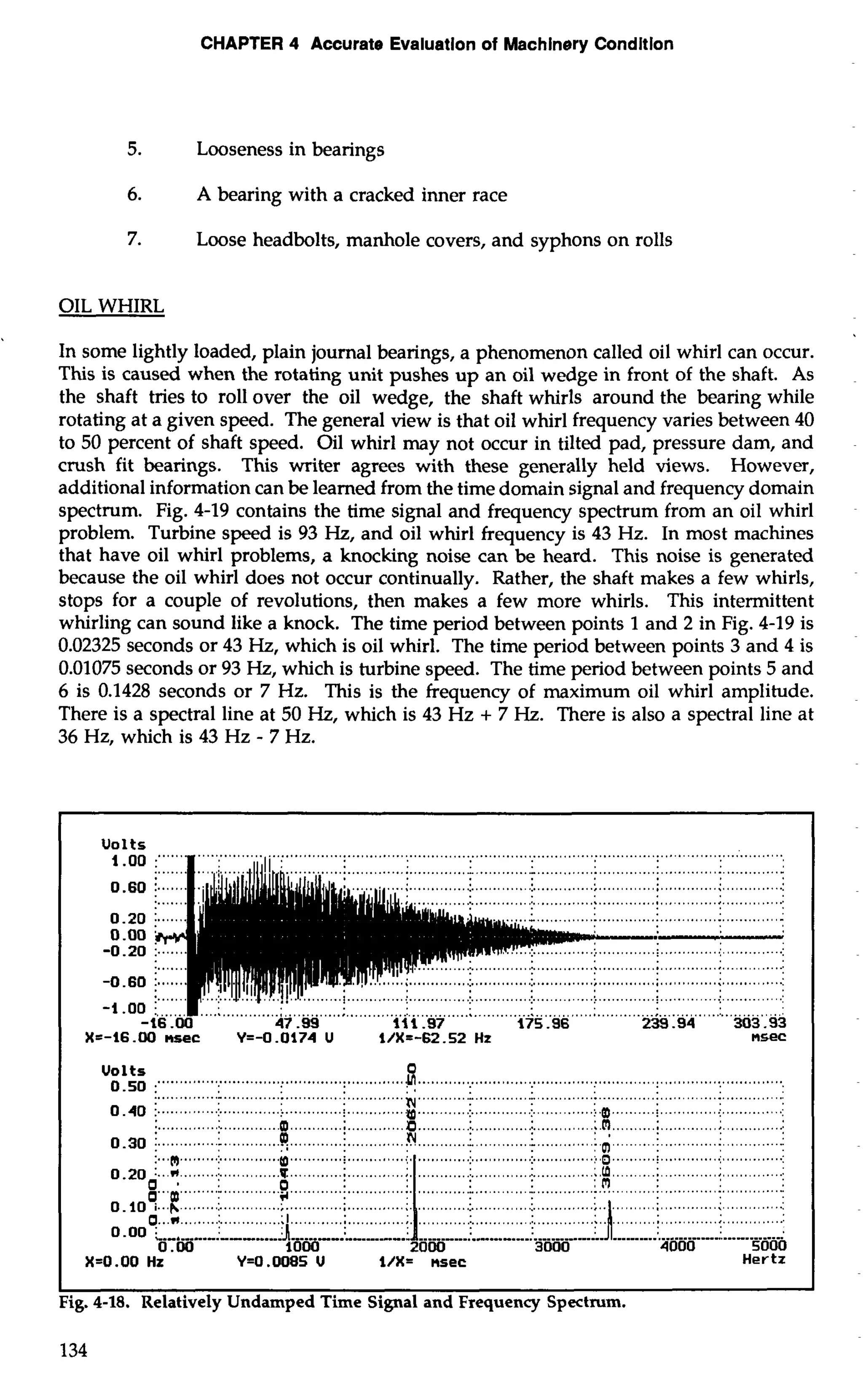 CHAPTER 4 Accurate Evaluation of Machlngry Condition 
5. Looseness in bearings 
6. A bearing with a cracked inner race 
7. Loose headbolts, manhole covers, and syphons on rolls 
OIL WHIRL 
In some lightly loaded, plain journal bearings, a phenomenon called oil whirl can occur. 
This is caused when the rotating unit pushes up an oil wedge in front of the shaft. As 
the shaft tries to roll over the oil wedge, the shaft whirls around the bearing while 
rotating at a given speed. The general view is that oil whirl frequency varies between 40 
to 50 percent of shaft speed. Oil whirl may not occur in tilted pad, pressure dam, and 
crush fit bearings. This writer agrees with these generally held views. However, 
additional information can be learned from the time domain signal and frequency domain 
spectrum. Fig. 4-19 contains the time signal and frequency spectrum from an oil whirl 
problem. Turbine speed is 93 Hz, and oil whirl frequency is 43 Hz. In most machines 
that have oil whirl problems, a knocking noise can be heard. This noise is generated 
because the oil whirl does not occur continually. Rather, the shaft makes a few whirls, 
stops for a couple of revolutions, then makes a few more whirls. This intermittent 
whirling can sound like a knock. The time period between points 1 and 2 in Fig. 4-19 is 
0.02325 seconds or 43 Hz, which is oil whirl. The time period between points 3 and 4 is 
0.01075 seconds or 93 Hz, which is turbine speed. The time period between points 5 and 
6 is 0.1428 seconds or 7 Hz. This is the frequency of maximum oil whirl amplitude. 
There is a spectral line at 50 Hz, which is 43 Hz + 7 Hz. There is also a spectral line at 
36 Hz, which is 43 Hz - 7 Hz. 
Uolts 
-16.00 47.99 111.97 175.96 239.94 303.93 
XI-16.00 msec Y=-0.0174 U l/X=-62.52 Hz msec 
V0o.l5t0s ......... 0 " ........................ ......................................... ............................................... .. "". ." ..-.-......... ..............................a ................ ..".."'"' 
........ ............. ........ .. .................. ......... ............. ............. 
0.40 ................................. .........i.. .. ....... ....rp ...........1.. ...........................!...@ ..........i ............1. ... ............. 
.............OD. ................................. .............................. .;.m... ....... ;. .. ....... :. .............: 
0.30 !. ............:.. ............ ...........i. ........... ............ ............' . , 1. no .. .. .................................. 
, .. 
.... .......... ............. 
...... ........... ........... 
X=O .OO Hz Y=O .W85 U l/X= nsec Hertz 
Fig. 4-18. Relatively Undamped Time Signal and Frequency Spectmm. 
 