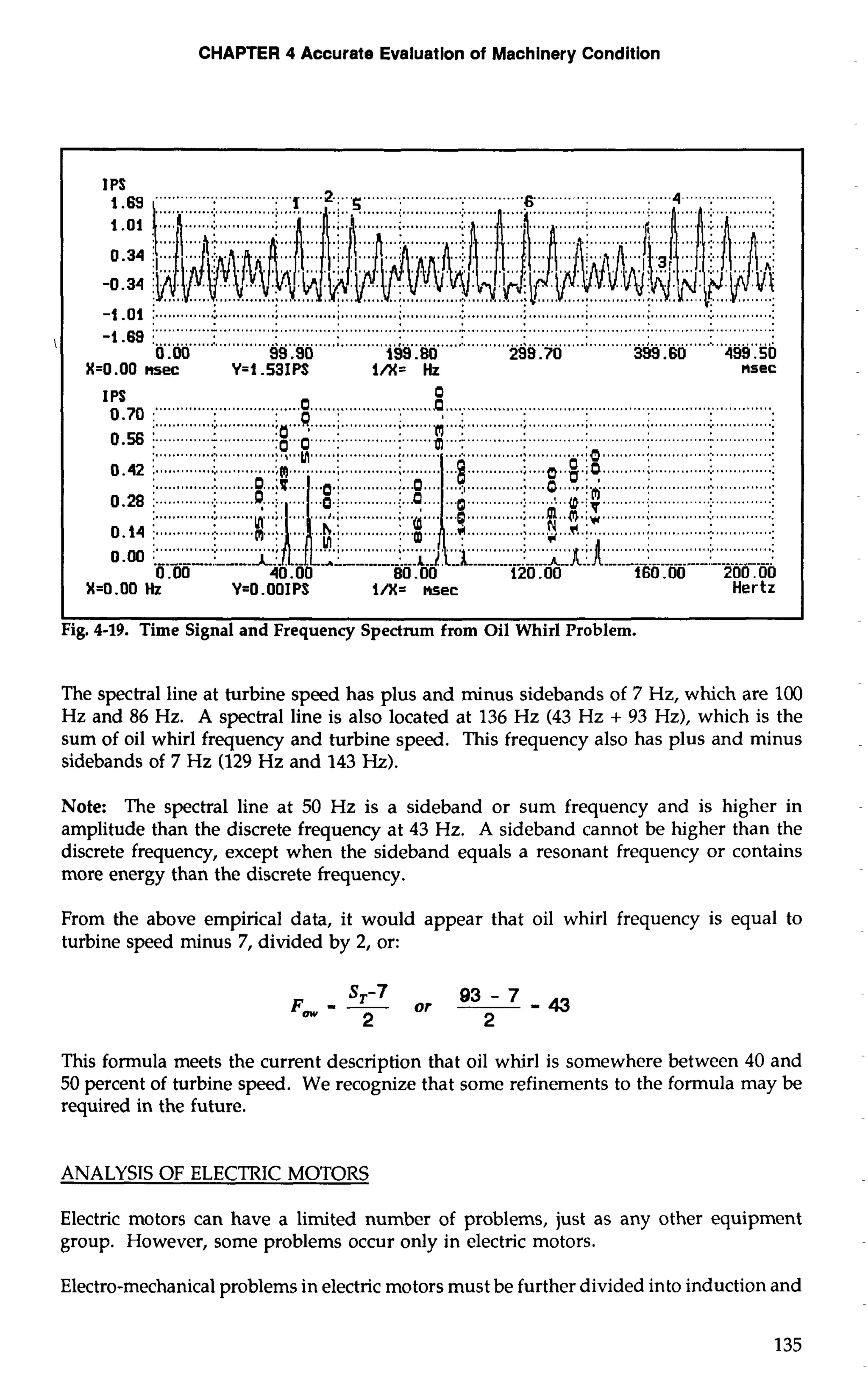 CHAPTER 4 Accurate Evaluation of Machinery Condition 
IPS 
1.69 
I .Ol 
-1 -01 ;. ............; ... ..... ,.,..; ......................................;..... . ..........;. , .,,,,,,,,,..; .............;. ...........:: .. ............:. 
- .6..9.. ........... .....................................................................................................................~................ ........... ............................................................ ............................................................... 
0.00 99.90 193.80 293 .M 399.60 499.50 
X=O .OO mec Y=I.S3IPS I/%Hz= msec 
.............................. ... .A'!.; .................... ...I. . .... ........................ .......................................:. ... 
0.00 i- ......-_:. - -.-. i.l'~lL.,-~... _.....-.. l..rl-.i.. ......... :. ..-1-- -1tr-----A----- .---L--.-- .-..--:- ---- 
0.00 40.00 80.00 120 .OO 160.00 200.00 
X=O.OO Hz Y=O .OOIPS l/X= nsec Hertz 
I I 
Fig. 4-19. Time Signal and Frequency Spectrum from Oil Whirl Problem. 
The spectral line at turbine speed has plus and minus sidebands of 7 Hz, which are 100 
Hz and 86 Hz. A spectral line is also located at 136 Hz (43 Hz + 93 Hz), which is the 
sum of oil whirl frequency and turbine speed. This frequency also has plus and minus 
sidebands of 7 Hz (129 Hz and 143 Hz). 
Note: The spectral line at 50 Hz is a sideband or sum frequency and is higher in 
amplitude than the discrete frequency at 43 Hz. A sideband cannot be higher than the 
discrete frequency, except when the sideband equals a resonant frequency or contains 
more energy than the discrete frequency. 
From the above empirical data, it would appear that oil whirl frequency is equal to 
turbine speed minus 7, divided by 2, or: 
This formula meets the current description that oil whirl is somewhere between 40 and 
50 percent of turbine speed. We recognize that some refinements to the formula may be 
required in the future. 
ANALYSIS OF ELECTRIC MOTORS 
Electric motors can have a limited number of problems, just as any other equipment 
group. However, some problems occur only in electric motors. 
Electro-mechanical problems in electric motors must be further divided into induction and 
 
