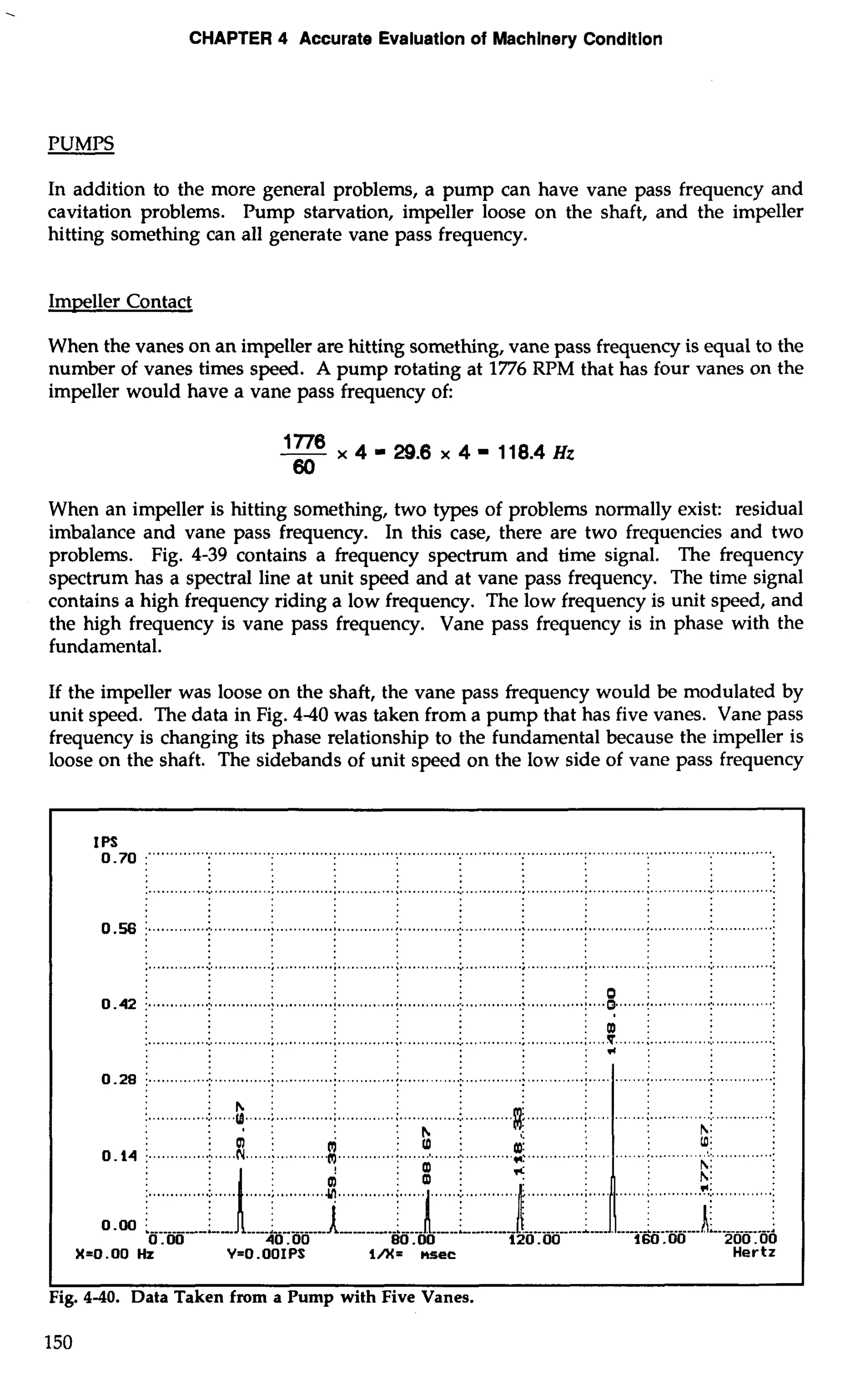 CHAPTER 4 Accurate Evaluation of Machinery Condition 
PUMPS 
In addition to the more general problems, a pump can have vane pass frequency and 
cavitation problems. Pump starvation, impeller loose on the shaft, and the impeller 
hitting something can all generate vane pass frequency. 
Impeller Contact 
When the vanes on an impeller are hitting something, vane pass frequency is equal to the 
number of vanes times speed. A pump rotating at 1776 RPM that has four vanes on the 
impeller would have a vane pass frequency of: 
When an impeller is hitting something, two types of problems normally exist: residual 
imbalance and vane pass frequency. In this case, there are two frequencies and two 
problems. Fig. 4-39 contains a frequency spectrum and time signal. The frequency 
spectrum has a spectral line at unit speed and at vane pass frequency. The time signal 
contains a high frequency riding a low frequency. The low frequency is unit speed, and 
the high frequency is vane pass frequency. Vane pass frequency is in phase with the 
fundamental. 
If the impeller was loose on the shaft, the vane pass frequency would be modulated by 
unit speed. The data in Fig. 440 was taken from a pump that has five vanes. Vane pass 
frequency is changing its phase relationship to the fundamental because the impeller is 
loose on the shaft. The sidebands of unit speed on the low side of vane pass frequency 
I I 
Fig. 4-40. Data Taken from a Pump with Five Vanes. 
150 
 