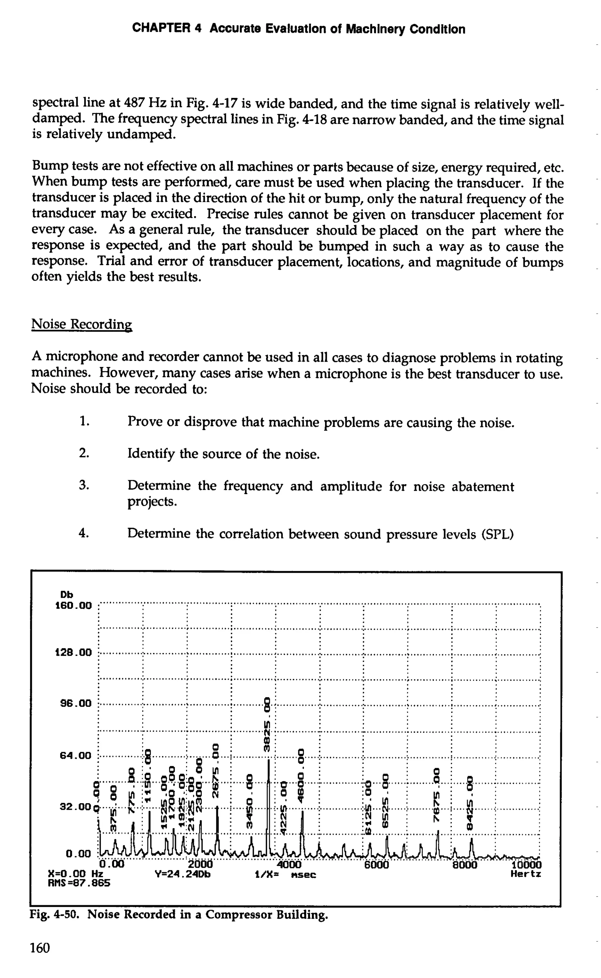 CHAPTER 4 Accurate Evaluation of Machinery Condition 
spectral line at 487 Hz in Fig. 4-17 is wide banded, and the time signal is relatively well-damped. 
The frequency spectral lines in Fig. 4-18 are narrow banded, and the time signal 
is relatively undamped. 
Bump tests are not effective on all machines or parts because of size, energy required, etc. 
When bump tests are performed, care must be used when placing the transducer. If the 
transducer is placed in the direction of the hit or bump, only the natural frequency of the 
transducer may be excited. Precise rules cannot be given on transducer placement for 
every case. As a general rule, the transducer should be placed on the part where the 
response is expected, and the part should be bumped in such a way as to cause the 
response. Trial and error of transducer placement, locations, and magnitude of bumps 
often yields the best results. 
Noise Recording; 
A microphone and recorder cannot be used in all cases to diagnose problems in rotating 
machines. However, many cases arise when a microphone is the best transducer to use. 
Noise should be recorded to: 
1. Prove or disprove that machine problems are causing the noise. 
2. Identify the source of the noise. 
3. Determine the frequency and amplitude for noise abatement 
projects. 
4. Determine the correlation between sound pressure levels (SPL) 
I 1 
Fig. 4-50. Noise Recorded in a Compressor Building. 
160 
 
