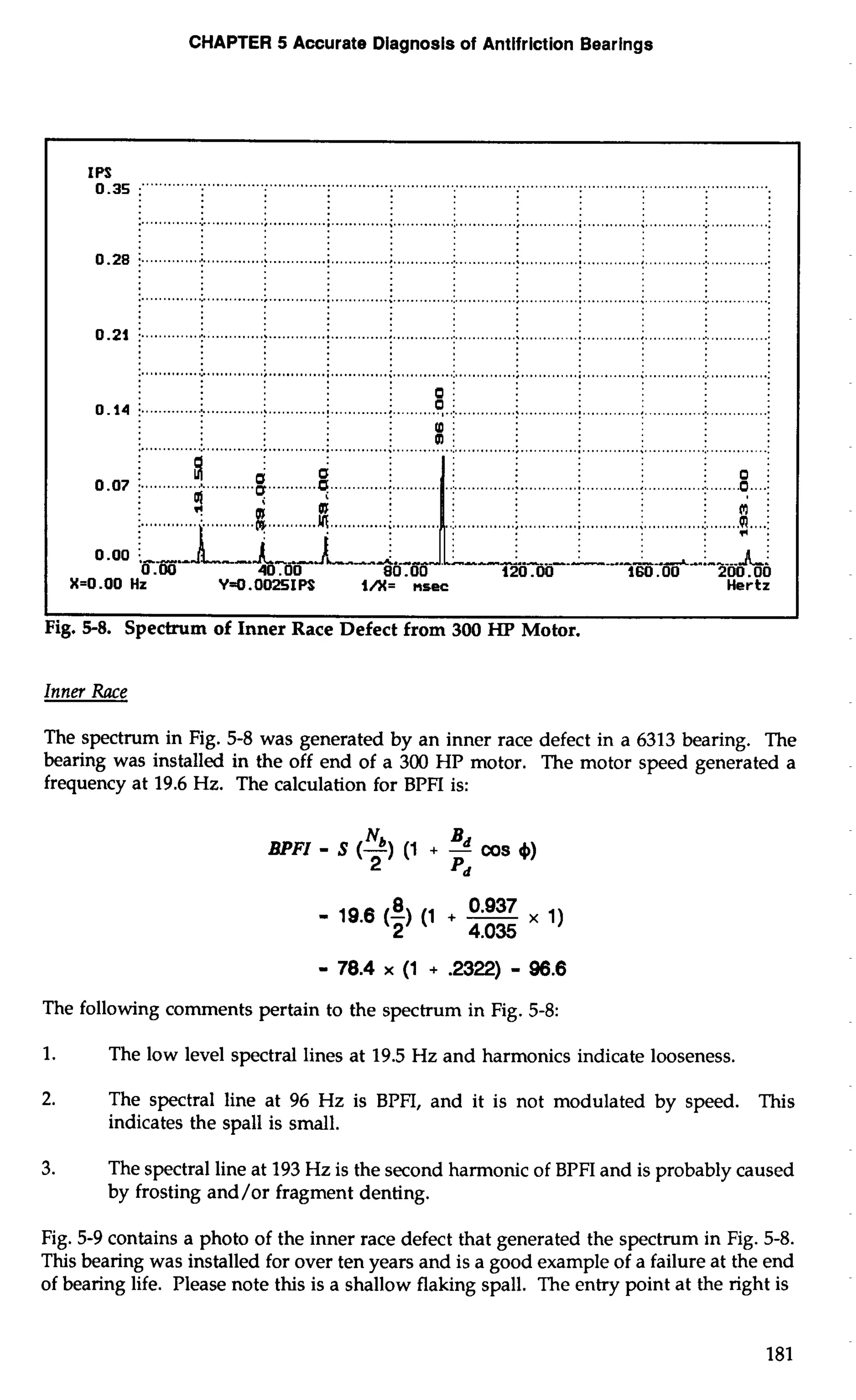 CHAPTER 5 Accurate Diagnosis of Antifriction Bearings 
IPS o.35 ." " ...... ................................................................................................................................ ............... ............................................................................................................................. ...... 
0.28 i .............i.... ...........; . .......... ;. ............; . ............:.. . ............. ...........;.. ...........;.. ...........:.. .. ............: . . ................................................................................................................................................ 
0.21 i .............; .. ...........;.. .......... ....... .........: ............. ......... ; ............:.. .. ...........:. . ............... .................................................................................................................................. 
! 0; 
0.14 i... ........... ..............j .............i ............. .........O. .;. ............j. . ............i .............i ............. .............i. 
: U): 
........................................................:. .........0....;..... ........................................................................ 
........... ....... ............... .......... ...... ................ ...... .... 
..... ......... 
.... 0.00 
X=O.OO Hz Y=O.O025IPS iA= nsec Hertz 
I 
Fig. 5-8. Spectrum of Inner Race Defect from 300 HP Motor. 
Inner Race 
The spectrum in Fig. 5-8 was generated by an inner race defect in a 6313 bearing. The 
bearing was installed in the off end of a 300 HP motor. The motor speed generated a 
frequency at 19.6 Hz. The calculation for BPFI is: 
The following comments pertain to the spectrum in Fig. 5-8: 
1. The low level spectral lines at 19.5 Hz and harmonics indicate looseness. 
2. The spectral line at 96 Hz is BPFI, and it is not modulated by speed. This 
indicates the spall is small. 
3. The spectral line at 193 Hz is the second harmonic of BPFI and is probably caused 
by frosting and/or fragment denting. 
Fig. 5-9 contains a photo of the inner race defect that generated the spectrum in Fig. 5-8. 
This bearing was installed for over ten years and is a good example of a failure at the end 
of bearing life. Please note this is a shallow flaking spall. The entry point at the right is 
 