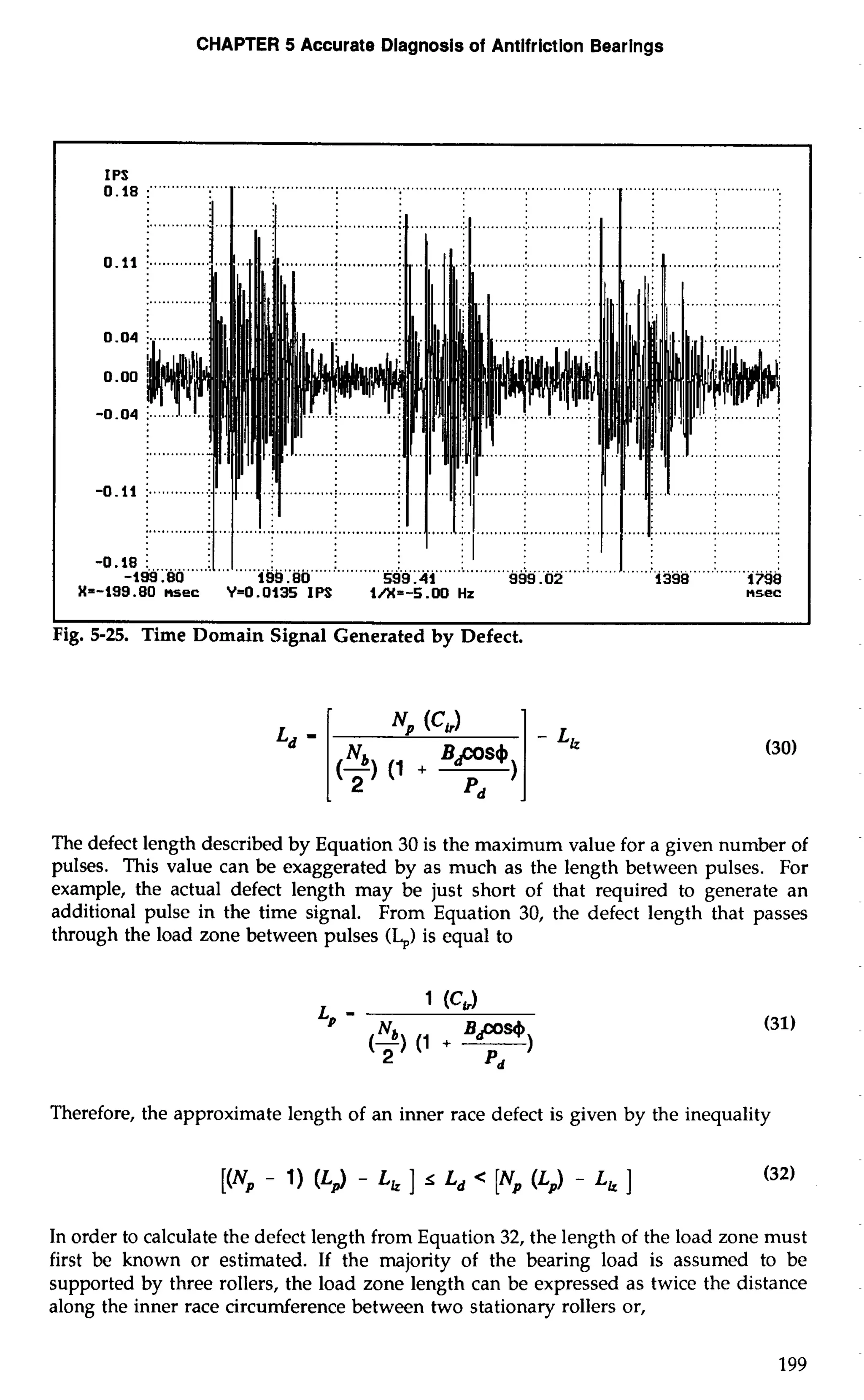 CHAPTER 5 Accurate Diagnosis of Antifrictlon Bearings 
ig. 5-25. Time Domain Signal Generated by Defect. 
The defect length described by Equation 30 is the maximum value for a given number of 
pulses. This value can be exaggerated by as much as the length between pulses. For 
example, the actual defect length may be just short of that required to generate an 
additional pulse in the time signal. From Equation 30, the defect length that passes 
through the load zone between pulses (Lp) is equal to 
Therefore, the approximate length of an inner race defect is given by the inequality 
In order to calculate the defect length from Equation 32, the length of the load zone must 
first be known or estimated. If the majority of the bearing load is assumed to be 
supported by three rollers, the load zone length can be expressed as twice the distance 
along the inner race circumference between two stationary rollers or, 
 
