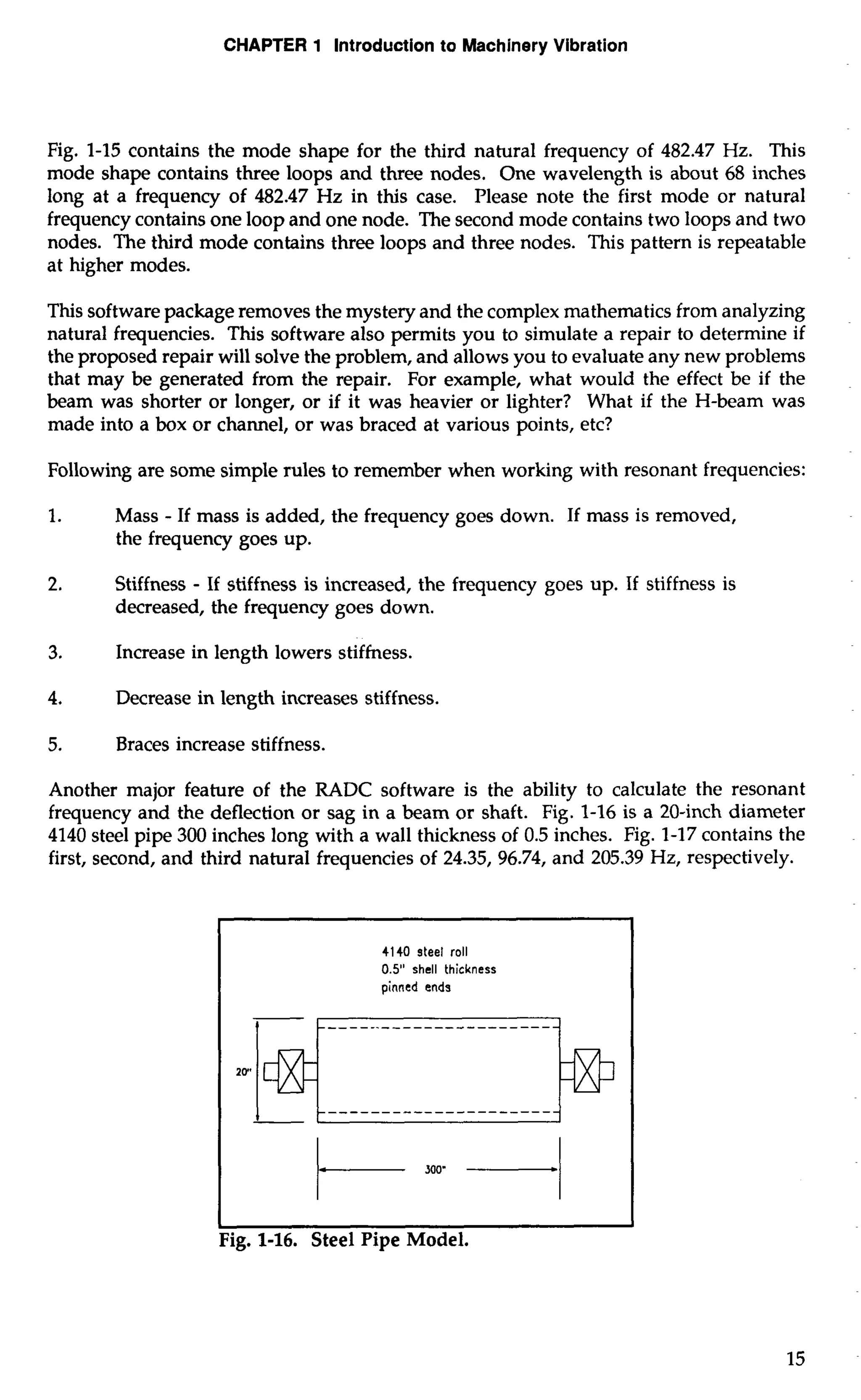 CHAPTER 1 Introduction to Machinery Vibration 
Fig. 1-15 contains the mode shape for the third natural frequency of 482.47 Hz. This 
mode shape contains three loops and three nodes. One wavelength is about 68 inches 
long at a frequency of 482.47 Hz in this case. Please note the first mode or natural 
frequency contains one loop and one node. The second mode contains two loops and two 
nodes. The third mode contains three loops and three nodes. This pattern is repeatable 
at higher modes. 
This software package removes the mystery and the complex mathematics from analyzing 
natural frequencies. This software also permits you to simulate a repair to determine if 
the proposed repair will solve the problem, and allows you to evaluate any new problems 
that may be generated from the repair. For example, what would the effect be if the 
beam was shorter or longer, or if it was heavier or lighter? What if the H-beam was 
made into a box or channel, or was braced at various points, etc? 
Following are some simple rules to remember when working with resonant frequencies: 
1. Mass - If mass is added, the frequency goes down. If mass is removed, 
the frequency goes up. 
2. Stiffness - If stiffness is increased, the frequency goes up. If stiffness is 
decreased, the frequency goes down. 
3. Increase in length lowers stiffness. 
4. Decrease in length increases stiffness. 
5. Braces increase stiffness. 
Another major feature of the RADC software is the ability to calculate the resonant 
frequency and the deflection or sag in a beam or shaft. Fig. 1-16 is a 20-inch diameter 
4140 steel pipe 300 inches long with a wall thickness of 0.5 inches. Fig. 1-17 contains the 
first, second, and third natural frequencies of 24.35, 96.74, and 205.39 Hz, respectively. 
4140 steel roll 
0.5" shell thickness 
pinned ends 
I I 
Fig. 1-16. Steel Pipe Model. 
 