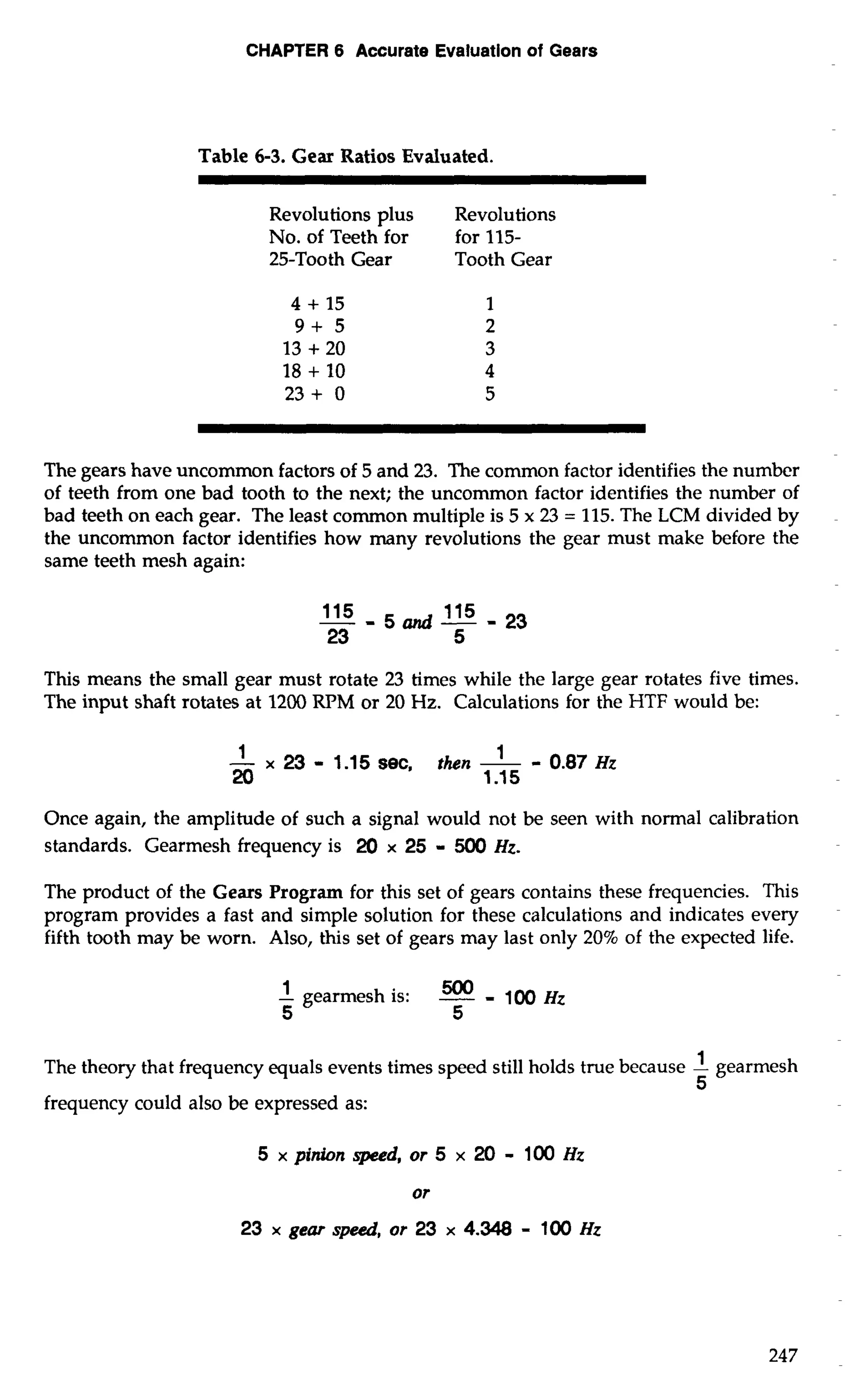 CHAPTER 6 Accurate Evaluation of Gears 
Table 6-3. Gear Ratios Evaluated. 
Revolutions plus Revolutions 
No. of Teeth for for 115- 
25-Tooth Gear Tooth Gear 
The gears have uncommon factors of 5 and 23. The common factor identifies the number 
of teeth from one bad tooth to the next; the uncommon factor identifies the number of 
bad teeth on each gear. The least common multiple is 5 x 23 = 115. The LCM divided by 
the uncommon factor identifies how many revolutions the gear must make before the 
same teeth mesh again: 
This means the small gear must rotate 23 times while the large gear rotates five times. 
The input shaft rotates at 1200 RPM or 20 Hz. Calculations for the HTF would be: 
-I x 23 - 1.15 sec, then -I - 0.87 Hz 
20 1.15 
Once again, the amplitude of such a signal would not be seen with normal calibration 
standards. Gearmesh frequency is 20 x 25 - 500 Hz. 
The product of the Gears Program for this set of gears contains these frequencies. This 
program provides a fast and simple solution for these calculations and indicates every 
fifth tooth may be worn. Also, this set of gears may last only 20% of the expected life. 
-1 gearmesh is: 
5 
The theory that frequency equals events times speed still holds true because -1 gearmesh 
5 
frequency could also be expressed as: 
5 x pinion speed, or 5 x 20 - 100 Hz 
or 
23 x gear speed, or 23 x 4.348 - 100 Hz 
 