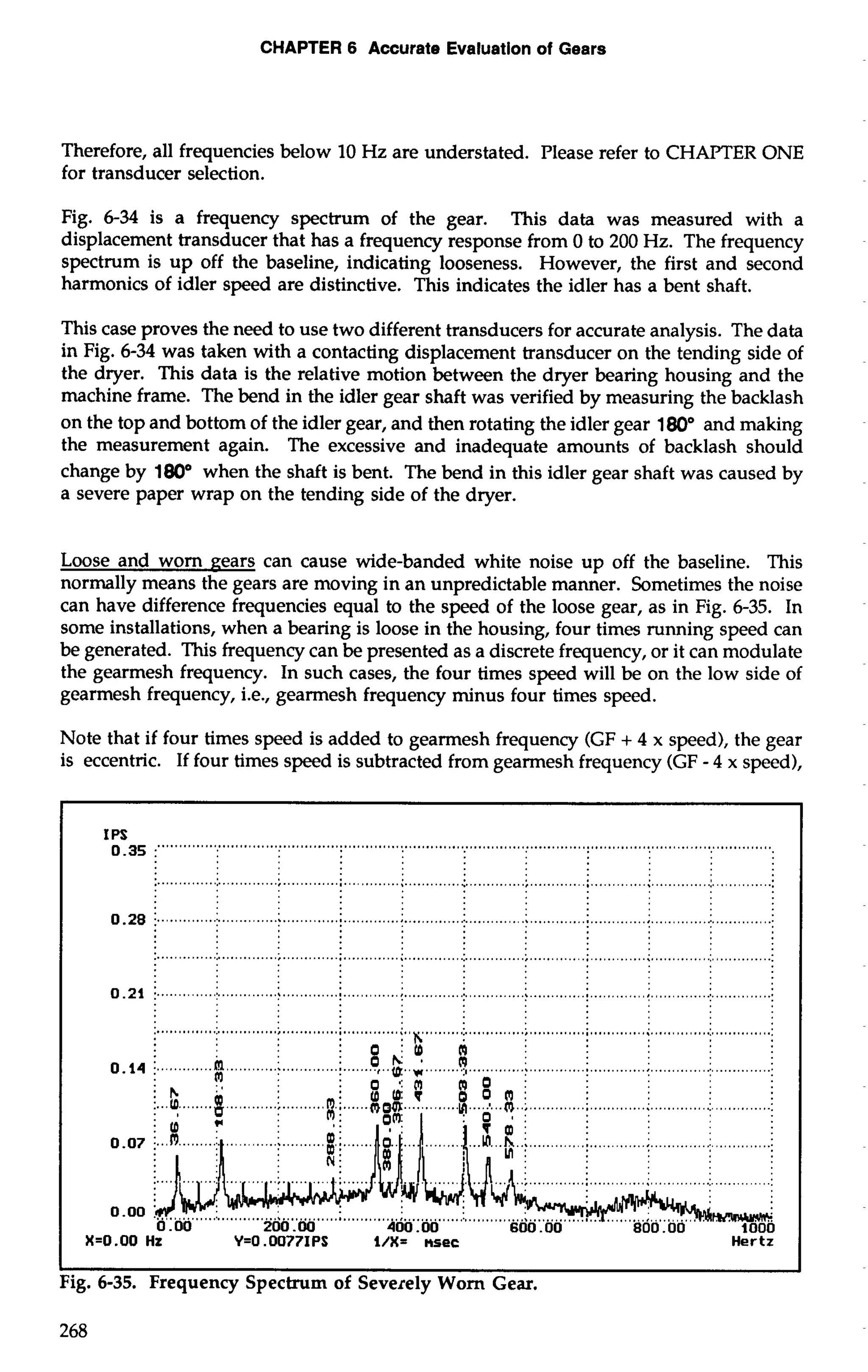 CHAPTER 6 Accurate Evaluation of Gears 
Therefore, all frequencies below 10 Hz are understated. Please refer to CHAPTER ONE 
for transducer selection. 
Fig. 6-34 is a frequency spectrum of the gear. This data was measured with a 
displacement transducer that has a frequency response from 0 to 200 Hz. The frequency 
spectrum is up off the baseline, indicating looseness. However, the first and second 
harmonics of idler speed are distinctive. This indicates the idler has a bent shaft. 
This case proves the need to use two different transducers for accurate analysis. The data 
in Fig. 6-34 was taken with a contacting displacement transducer on the tending side of 
the dryer. This data is the relative motion between the dryer bearing housing and the 
machine frame. The bend in the idler gear shaft was verified by measuring the backlash 
on the top and bottom of the idler gear, and then rotating the idler gear 180" and making 
the measurement again. The excessive and inadequate amounts of backlash should 
change by 180" when the shaft is bent. The bend in this idler gear shaft was caused by 
a severe paper wrap on the tending side of the dryer. 
Loose and worn gears can cause wide-banded white noise up off the baseline. This 
normally means the gears are moving in an unpredictable manner. Sometimes the noise 
can have difference frequencies equal to the speed of the loose gear, as in Fig. 6-35. In 
some installations, when a bearing is loose in the housing, four times running speed can 
be generated. This frequency can be presented as a discrete frequency, or it can modulate 
the gearmesh frequency. In such cases, the four times speed will be on the low side of 
gearmesh frequency, i.e., gearmesh frequency minus four times speed. 
Note that if four times speed is added to gearmesh frequency (GF + 4 x speed), the gear 
is eccentric. If four times speed is subtracted from gearmesh frequency (GF - 4 x speed), 
1 J 
Fig. 6-35. Frequency Spectrum of Severely Worn Gear. 
268 
 
