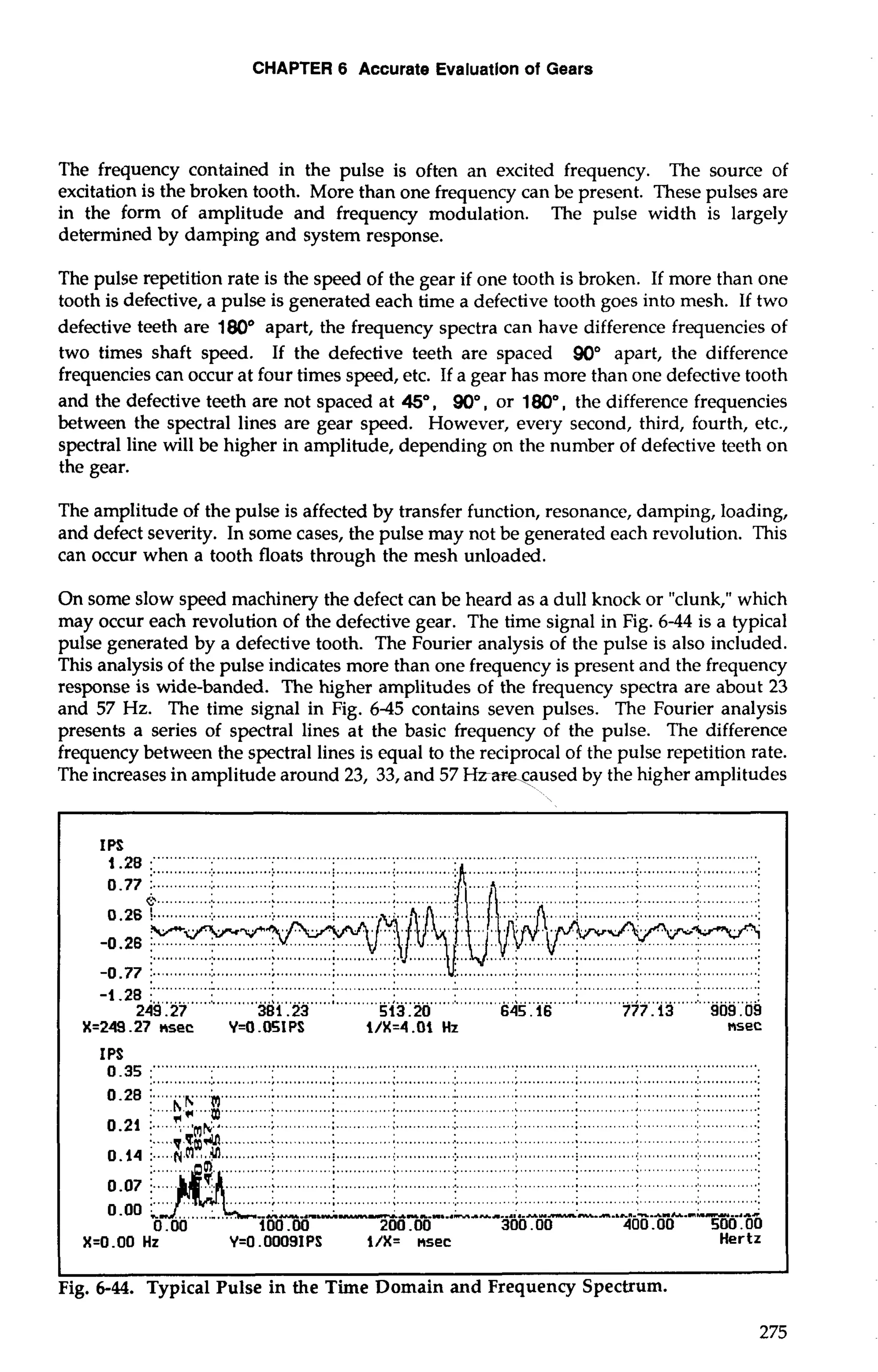CHAPTER 6 Accurate Evaluation of Gears 
The frequency contained in the pulse is often an excited frequency. The source of 
excitation is the broken tooth. More than one frequency can be present. These pulses are 
in the form of amplitude and frequency modulation. The pulse width is largely 
determined by damping and system response. 
The pulse repetition rate is the speed of the gear if one tooth is broken. If more than one 
tooth is defective, a pulse is generated each time a defective tooth goes into mesh. If two 
defective teeth are 180° apart, the frequency spectra can have difference frequencies of 
two times shaft speed. If the defective teeth are spaced 90" apart, the difference 
frequencies can occur at four times speed, etc. If a gear has more than one defective tooth 
and the defective teeth are not spaced at 4s0, 90", or 180", the difference frequencies 
between the spectral lines are gear speed. However, evely second, third, fourth, etc., 
spectral line will be higher in amplitude, depending on the number of defective teeth on 
the gear. 
The amplitude of the pulse is affected by transfer function, resonance, damping, loading, 
and defect severity. In some cases, the pulse may not be generated each revolution. This 
can occur when a tooth floats through the mesh unloaded. 
On some slow speed machinery the defect can be heard as a dull knock or "clunk," which 
may occur each revolution of the defective gear. The time signal in Fig. 6-44 is a typical 
pulse generated by a defective tooth. The Fourier analysis of the pulse is also included. 
This analysis of the pulse indicates more than one frequency is present and the frequency 
response is wide-banded. The higher amplitudes of the frequency spectra are about 23 
and 57 Hz. The time signal in Fig. 6-45 contains seven pulses. The Fourier analysis 
presents a series of spectral lines at the basic frequency of the pulse. The difference 
frequency between the spectral lines is equal to the reciprocal of the pulse repetition rate. 
The increases in amplitude around 23, 33, and 57 Hz,wg,caused by the higher amplitudes 
IPS 
..... 
...................................................................................................... 1 ............................................ 
249.27 381.23 513.20 645.16 777.13 909.09 
X=249.27 nsec Y=O .OSI PS i/X=4.01 Hz nsec 
IPoS.3 5 :""""""" .. "..... ....................................................................................................................... 
............................................................................................................................................... 
...........:. . .......,...:. ............:.. . .............. ...........: . ...........:.. ...........:.. . ...........:. 
..... ............ 
.............................. .......... . .............. .............. ............. ............... ............ 
............... ............. ............. ............. ............... ............ 
..... --.,.- -.P.. ---I... *-.a- * -a.. *m..-~----..~"---*"h--m---.*- 
100 .OO 200.00 300.00 400.00 500.00 
X=O .OO Hz Y=O .00091 PS l/X= nsec Hertz 
I I 
Fig. 6-44. Typical Pulse in the Time Domain and Frequency Spectrum. 
 