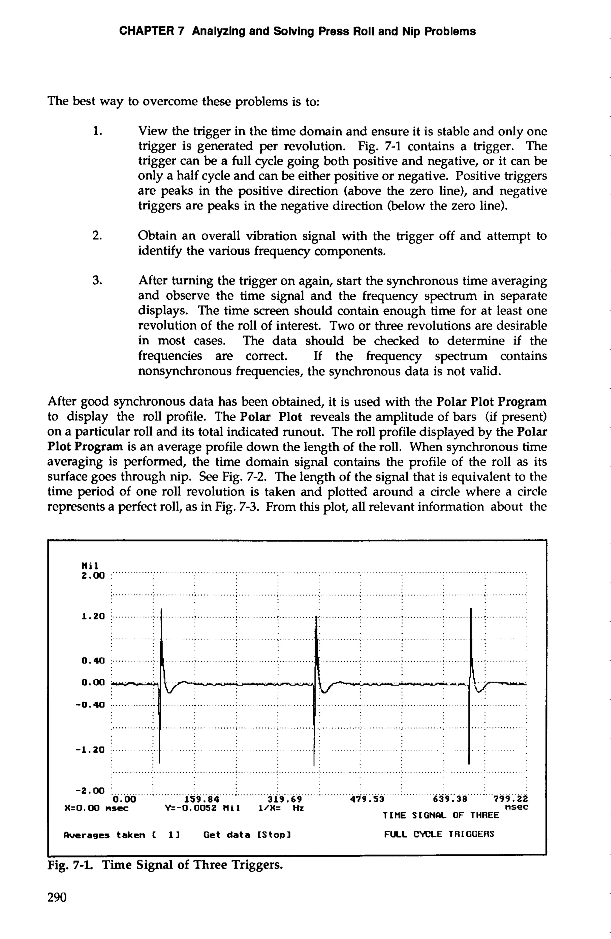 CHAPTER 7 Analyzing and Solving Press Roll and Nip Problems 
The best way to overcome these problems is to: 
1. View the trigger in the time domain and ensure it is stable and only one 
trigger is generated per revolution. Fig. 7-1 contains a trigger. The 
trigger can be a full cycle going both positive and negative, or it can be 
only a half cycle and can be either positive or negative. Positive triggers 
are peaks in the positive direction (above the zero line), and negative 
triggers are peaks in the negative direction (below the zero line). 
2. Obtain an overall vibration signal with the trigger off and attempt to 
identify the various frequency components. 
3. After turning the trigger on again, start the synchronous time averaging 
and observe the time signal and the frequency spectrum in separate 
displays. The time screen should contain enough time for at least one 
revolution of the roll of interest. Two or three revolutions are desirable 
in most cases. The data should be checked to determine if the 
frequencies are correct. If the frequency spectrum contains 
nonsynchronous frequencies, the synchronous data is not valid. 
After good synchronous data has been obtained, it is used with the Polar Plot Program 
to display the roll profile. The Polar Plot reveals the amplitude of bars (if present) 
on a particular roll and its total indicated runout. The roll profile displayed by the Polar 
Plot Program is an average profile down the length of the roll. When synchronous time 
averaging is performed, the time domain signal contains the profile of the roll as its 
surface goes through nip. See Fig. 7-2. The length of the signal that is equivalent to the 
time period of one roll revolution is taken and plotted around a circle where a circle 
represents a perfect roll, as in Fig. 7-3. From this plot, all relevant information about the 
ni0l0 ..... "' ................. .. "" .... .............. .. 
...................... ........................ ........% .... ......................... ......................... , ........ $ ............ 
............................................................................................................................. 
-2.00 ......... i ................... .I. .............i . ........... .:. .......... .: .........i ........: . ........i. .. 
0.00 159.84 319.69 479.53 639.38 799 .'22 
X=O. 00 nscc Y=-0.0052 Ilil 1/X= Hz nsec 
TIRE SIGNlL OF THREE 
Rvcrages taken[ 11 Getdata [Stop3 FULL CYCLE TRIGGERS 
Fig. 7-1. Time Signal of Three Triggers. 
 