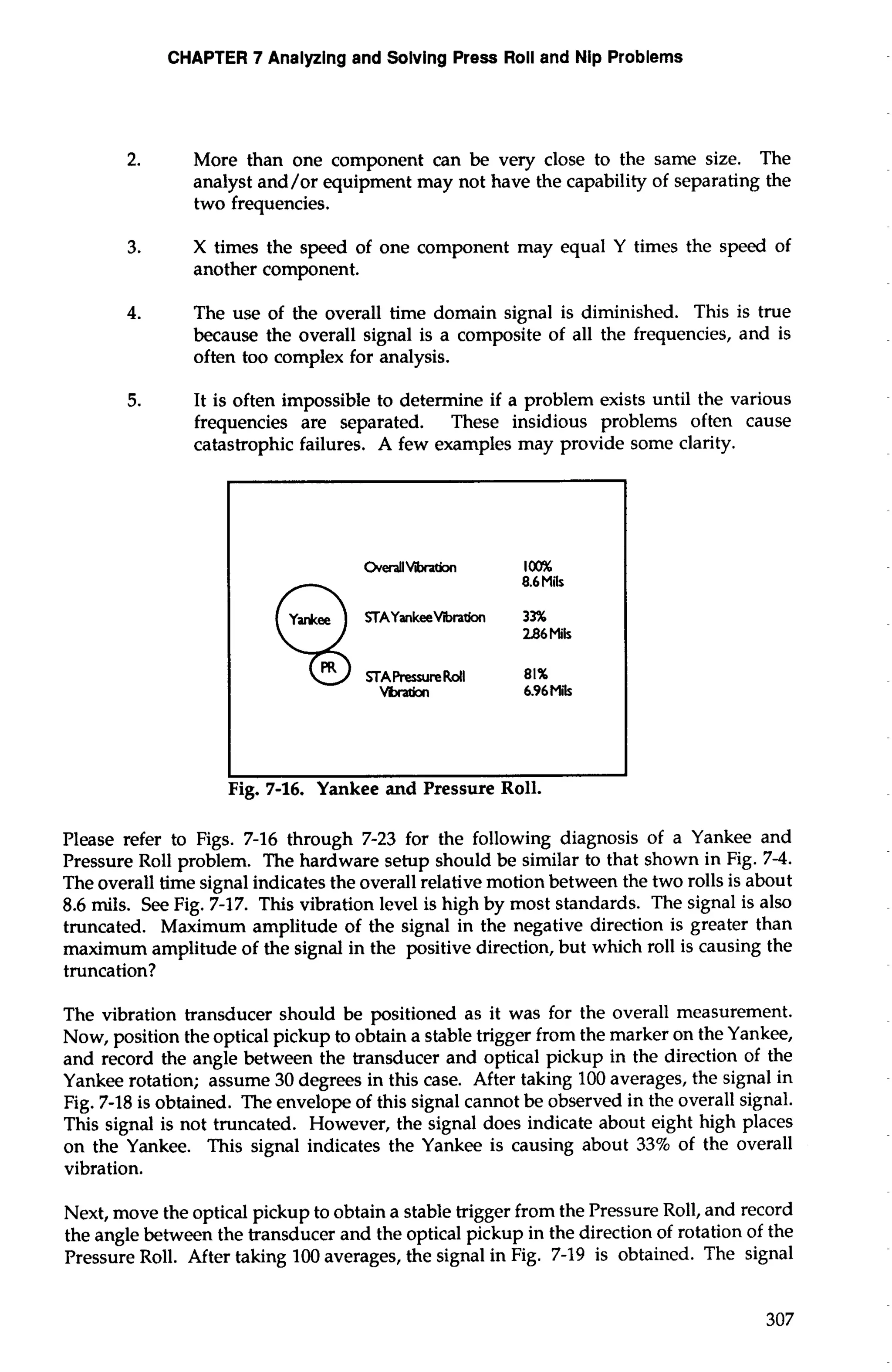 CHAPTER 7 Analyzing and Solving Press Roll and Nip Problems 
2. More than one component can be very close to the same size. The 
analyst and/or equipment may not have the capability of separating the 
two frequencies. 
3. X times the speed of one component may equal Y times the speed of 
another component. 
4. The use of the overall time domain signal is diminished. This is true 
because the overall signal is a composite of all the frequencies, and is 
often too complex for analysis. 
5. It is often impossible to determine if a problem exists until the various 
frequencies are separated. These insidious problems often cause 
catastrophic failures. A few examples may provide some clarity. 
ad- 100% n 8.6 Mils 
(Y& ) STAYankeeVbnth 33% 
286 Mils 
SrAPrrtareRoll 81% 
Vlb;6ion 6.96 Mils 
Fig. 7-16. Yankee and Pressure Roll. 
Please refer to Figs. 7-16 through 7-23 for the following diagnosis of a Yankee and 
Pressure Roll problem. The hardware setup should be similar to that shown in Fig. 7-4. 
The overall time signal indicates the overall relative motion between the two rolls is about 
8.6 mils. See Fig. 7-17. This vibration level is high by most standards. The signal is also 
truncated. Maximum amplitude of the signal in the negative direction is greater than 
maximum amplitude of the signal in the positive direction, but which roll is causing the 
truncation? 
The vibration transducer should be positioned as it was for the overall measurement. 
Now, position the optical pickup to obtain a stable trigger from the marker on the Yankee, 
and record the angle between the transducer and optical pickup in the direction of the 
Yankee rotation; assume 30 degrees in this case. After taking 100 averages, the signal in 
Fig. 7-18 is obtained. The envelope of this signal cannot be observed in the overall signal. 
This signal is not truncated. However, the signal does indicate about eight high places 
on the Yankee. This signal indicates the Yankee is causing about 33% of the overall 
vibration. 
Next, move the optical pickup to obtain a stable trigger from the Pressure Roll, and record 
the angle between the transducer and the optical pickup in the direction of rotation of the 
Pressure Roll. After taking 100 averages, the signal in Fig. 7-19 is obtained. The signal 
 