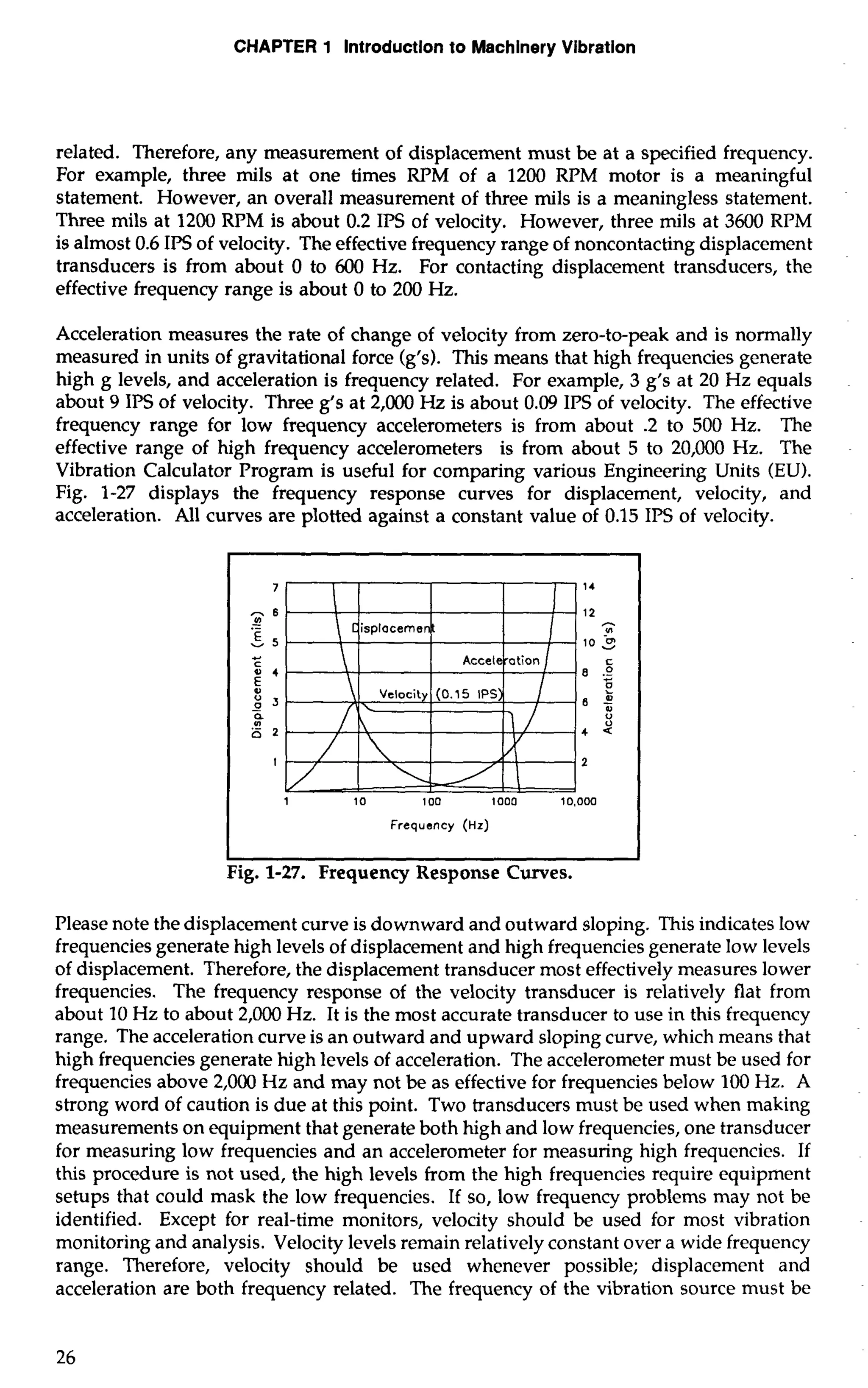 CHAPTER 1 Introduction to Machinery Vibration 
related. Therefore, any measurement of displacement must be at a specified frequency. 
For example, three mils at one times RPM of a 1200 RPM motor is a meaningful 
statement. However, an overall measurement of three mils is a meaningless statement. 
Three mils at 1200 RPM is about 0.2 IPS of velocity. However, three mils at 3600 RPM 
is almost 0.6 IPS of velocity. The effective frequency range of noncontacting displacement 
transducers is from about 0 to 600 Hz. For contacting displacement transducers, the 
effective frequency range is about 0 to 200 Hz. 
Acceleration measures the rate of change of velocity from zero-to-peak and is normally 
measured in units of gravitational force (g's). This means that high frequencies generate 
high g levels, and acceleration is frequency related. For example, 3 g's at 20 Hz equals 
about 9 IPS of velocity. Three gfs at 2,000 Hz is about 0.09 IPS of velocity. The effective 
frequency range for low frequency accelerometers is from about .2 to 500 Hz. The 
effective range of high frequency accelerometers is from about 5 to 20,000 Hz. The 
Vibration Calculator Program is useful for comparing various Engineering Units (EU). 
Fig. 1-27 displays the frequency response curves for displacement, velocity, and 
acceleration. All curves are plotted against a constant value of 0.15 IPS of velocity. 
7 14 -.-- 6 12 - E V) 
-5 10 3 
u 
C c 
4 8 ..?- E e 
-8 3 6 & ' 
0 u 
07 8 2 4 2 
I 2 
1 10 100 1000 10,000 
Frequency (Hz) 
Fig. 1-27. Frequency Response Curves. 
Please note the displacement curve is downward and outward sloping. This indicates low 
frequencies generate high levels of displacement and high frequencies generate low levels 
of displacement. Therefore, the displacement transducer most effectively measures lower 
frequencies. The frequency response of the velocity transducer is relatively flat from 
about 10 Hz to about 2,000 Hz. It is the most accurate transducer to use in this frequency 
range. The acceleration curve is an outward and upward sloping curve, which means that 
high frequencies generate high levels of acceleration. The accelerometer must be used for 
frequencies above 2,000 Hz and may not be as effective for frequencies below 100 Hz. A 
strong word of caution is due at this point. Two transducers must be used when making 
measurements on equipment that generate both high and low frequencies, one transducer 
for measuring low frequencies and an accelerometer for measuring high frequencies. If 
this procedure is not used, the high levels from the high frequencies require equipment 
setups that could mask the low frequencies. If so, low frequency problems may not be 
identified. Except for real-time monitors, velocity should be used for most vibration 
monitoring and analysis. Velocity levels remain relatively constant over a wide frequency 
range. Therefore, velocity should be used whenever possible; displacement and 
acceleration are both frequency related. The frequency of the vibration source must be 
 