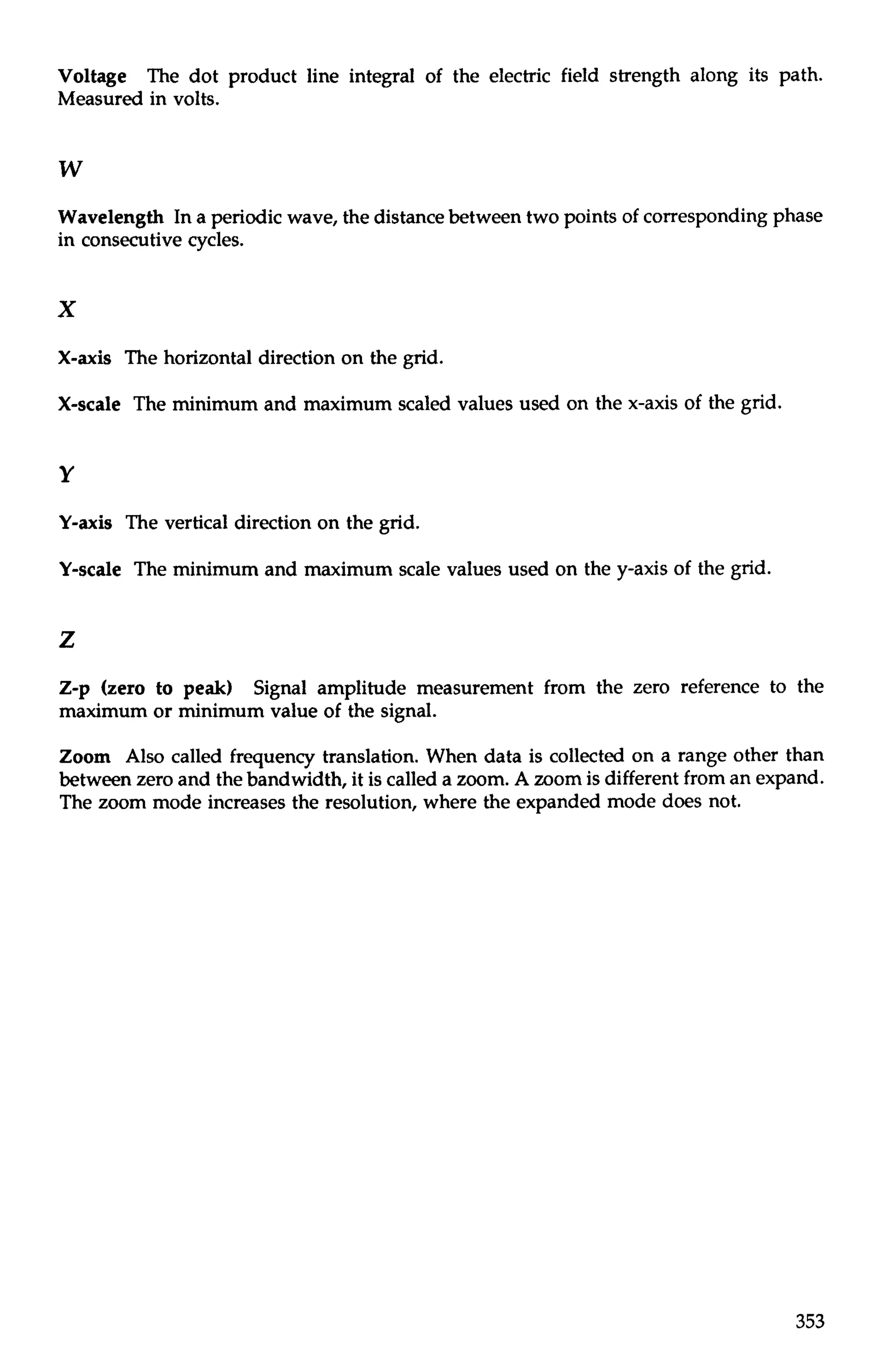 Voltage The dot product line integral of the electric field strength along its path. 
Measured in volts. 
Wavelength In a periodic wave, the distance between two points of corresponding phase 
in consecutive cycles. 
X-axis The horizontal direction on the grid. 
X-scale The minimum and maximum scaled values used on the x-axis of the grid. 
Y-axis The vertical direction on the grid. 
Y-scale The minimum and maximum scale values used on the y-axis of the grid. 
Z-p (zero to peak) Signal amplitude measurement from the zero reference to the 
maximum or minimum value of the signal. 
Zoom Also called frequency translation. When data is collected on a range other than 
between zero and the bandwidth, it is called a zoom. A zoom is different from an expand. 
The zoom mode increases the resolution, where the expanded mode does not. 

