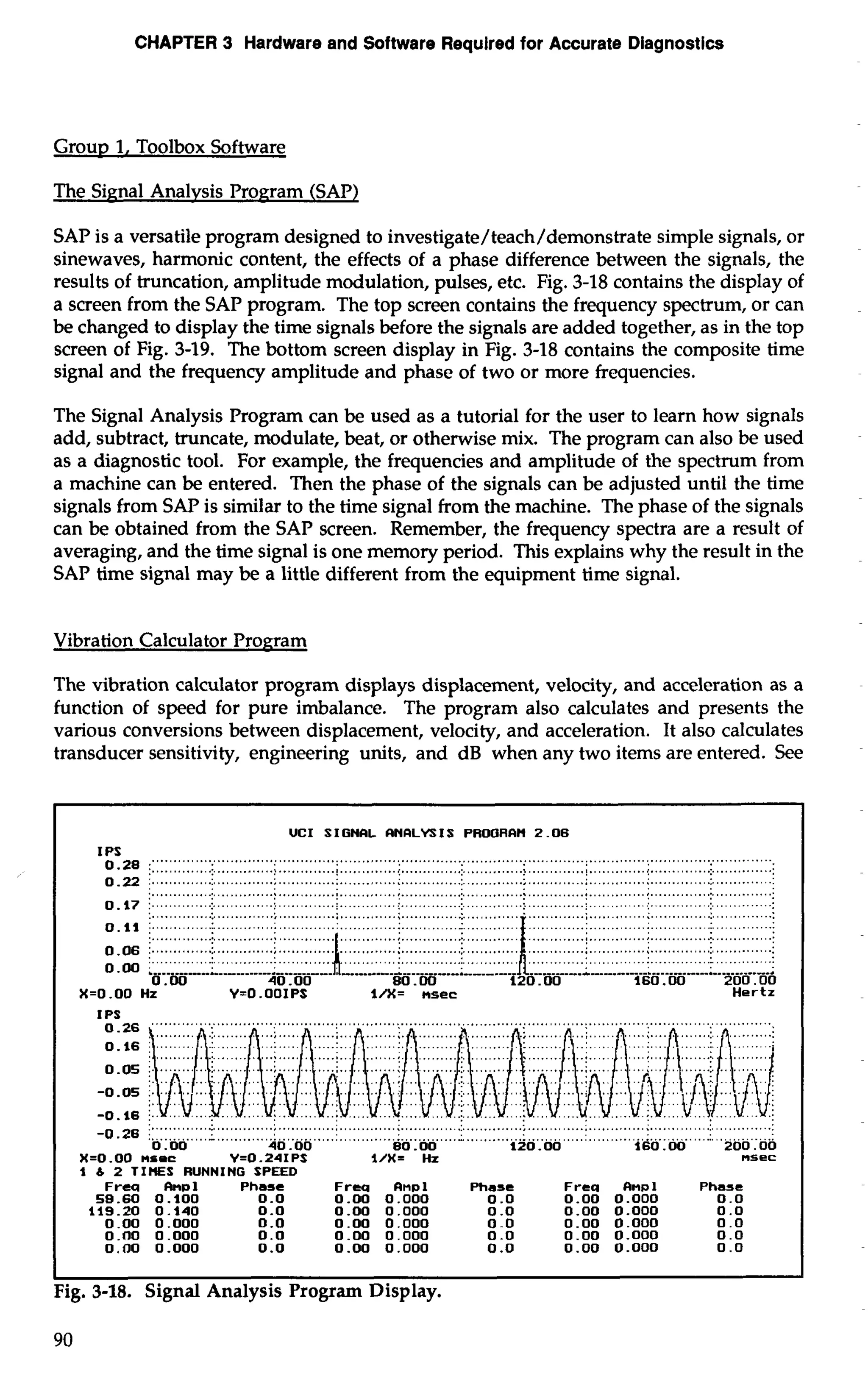 CHAPTER 3 Hardware and Software Required for Accurate Diagnostics 
Group 1, Toolbox Software 
The Signal Analysis Program (SAP) 
SAP is a versatile program designed to investigate/teach/demonstrate simple signals, or 
sinewaves, harmonic content, the effects of a phase difference between the signals, the 
results of truncation, amplitude modulation, pulses, etc. Fig. 3-18 contains the display of 
a screen from the SAP program. The top screen contains the frequency spectrum, or can 
be changed to display the time signals before the signals are added together, as in the top 
screen of Fig. 3-19. The bottom screen display in Fig. 3-18 contains the composite time 
signal and the frequency amplitude and phase of two or more frequencies. 
The Signal Analysis Program can be used as a tutorial for the user to learn how signals 
add, subtract, truncate, modulate, beat, or otherwise mix. The program can also be used 
as a diagnostic tool. For example, the frequencies and amplitude of the spectrum from 
a machine can be entered. Then the phase of the signals can be adjusted until the time 
signals from SAP is similar to the time signal from the machine. The phase of the signals 
can be obtained from the SAP screen. Remember, the frequency spectra are a result of 
averaging, and the time signal is one memory period. This explains why the result in the 
SAP time signal may be a little different from the equipment time signal. 
Vibration Calculator Program 
The vibration calculator program displays displacement, velocity, and acceleration as a 
function of speed for pure imbalance. The program also calculates and presents the 
various conversions between displacement, velocity, and acceleration. It also calculates 
transducer sensitivity, engineering units, and dB when any two items are entered. See 
UCI SIGNClL ClNRLYSIS PROaRClH 2.06 
IP0S.2 8 .. .................................................................. . %. ................................................ ...................:. . 0.22 ;. ............:. .. ...........;.. .............. ; .......................:.. .. ...........;.. ...........:.. ............: . ............:.. ...........:. .................................. ..................................................... . 
0.17 . ..................................................................................................... ....................................... 
.............. 
0.06 ;. ............:.. . ............ 
"" " ......... .... 
0.00 40.00 80.00 120.00 160.00 200.00 
X=O.OO Hz Y=O .OOIPS i/X= nsec Hertz 
IPS 
0.26 
0.16 
0.05 
-0.05 
-0.16 .............. < ........................................................................................... 
-0.26 !. ...........:. .. ...........; . ............: ............;.. ...........:. .. ...........: . ...........: .. .... 
0 .OO 40.00 80.00 120.00 
X=O.OO mssc Y=0.24IPS l/X= Hz 
I & 2 TIMES RUNNING SPEED 
Frea h~1 Phase Frca Rnol Phase Frea 
58.60 0.100 0.0 0.00 0.000 0 .O 0.00 
119.20 0.140 0.0 0.00 0.000 0 .O 0.00 
0.00 0.000 0.0 0.00 0.000 0 -0 0.00 
0.00 0.000 0.0 0.00 0.000 o .o 0.00 
0.00 0.000 0.0 0.00 0.000 0 .o 0.00 
Phase 
0.0 
0.0 
0.0 
0.0 
0 .o 
I 1 
Fig. 3-18. Signal Analysis Program Display. 
90 
 