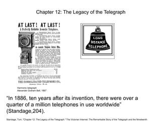 Chapter 12: The Legacy of the Telegraph

Harmonic telegraph
Alexander Graham Bell, 1867

“In 1886, ten years after its invention, there were over a
quarter of a million telephones in use worldwide”
(Standage,204).
Standage, Tom. "Chapter 12: The Legacy of the Telegraph." The Victorian Internet: The Remarkable Story of the Telegraph and the Nineteenth

 