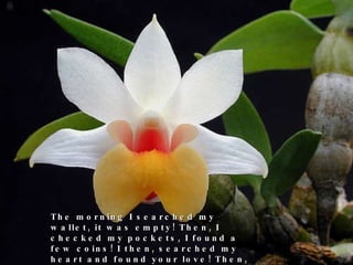 The morning I searched my wallet, it was empty! Then, I checked my pockets, I found a few coins! I then, searched my heart and found your love! Then, I suddenly realised how rich I really am! 