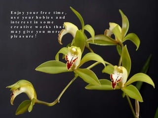 Enjoy your free time, use your hobies and interest in some creative works that may give you more pleasure! 