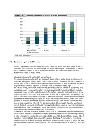 24
0
50
100
150
200
250
300
350
400
2005 2006 2007 2008 2009 2010
Frozen pangasuis fillets Frozen shrimps Preserved shrimps
Frozen squid Clams Preserved tuna
Other fish products
Figure 3.4.1 EU imports from Vietnam 2005-2010 in volume (1,000 tonnes)
Source: Eurostat, processed by LEI.
3.5 Barriers to export to the EU market
There are basically two main barriers to export to the EU market, namely food safety standards and im-
port tariffs. Both aspects are discussed briefly in this section. Ultimately the competitiveness of the sub-
sectors in Vietnam depends to a large extent on the degree to which these two barriers constitute a
bottleneck for access to the EU market.
Standards with respect to sustainability and food safety
The increased focus on sustainability and food safety results in higher quality standards with respect to
production and hygiene. The high level of EU food safety standards compared to the level of standards in
markets such as the US, Japan and especially alternative markets such as South Korea or the Middle East,
may constitute a barrier for exporters for whom the costs of compliance are too high.
For cultured shrimp, for instance, the EU demands that an EU authorised authority in each country tests
and labels products from every shrimp farm in order to guarantee full traceability and that no forbidden
medicines are used during the production cycle. If, for whatever reason, the local supply chain in shrimp
producing countries cannot meet these requirements or is not able to pass the tests that need to be car-
ried out, this may constitute a reason to export to other countries instead. In recent years it has happened
that as a result of rejection by the EU (and also US and Japanese) health authorities, on the basis of the
presence of antibiotics, for example, exporters shifted their focus to other markets where health stand-
ards are less stringent than in the EU. This ultimately results in different supply chains for specific end
markets that each have own levels of quality. Contrary to other barriers, such as import tariffs, this barrier
may be eliminated in the countries where shrimp are produced, as institutions can be strengthened and
producers can be trained for compliance with EU standards.
Traceability is an issue in aquaculture production, as it is used as a means to be able to trace the origins of
unsafe seafood. However, it is also an issue for capture fisheries since the EU has demanded the availability
of catch certificates for each fish that is imported in the EU since 2009. These certificates are part of the EU
regulations concerning Illegal, Unreported and Unregulated (IUU) fishing. As many fisheries in developing
countries consist of small-scale vessels that are often not properly registered and area for a large part oper-
ated by uneducated fishermen, the introduction of catch certificates has proven to be a barrier for exports to
 