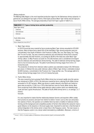 34
Shrimp producers
The Mekong Delta Region is the most important production region for the Vietnamese shrimp subsector. In
general we can distinguish four types of farms; three types produce Black Tiger shrimp and one type pro-
duces Pacific White shrimp. The average productivity of each farm type is given in Table 4.3.1.
Table 4.3.1 Types of shrimp farms and their productivity
Black Tiger shrimp
- Extensive 0.3 - 0.6
- Semi-intensive 0.8 - 1.0
- Intensive 2.4 - 6.5
Pacific White shrimp
- Intensive 11.7
Source: Adapted from Corsin (2011).10
1. Black Tiger shrimp
In 2010 (Corsin) the area covered by farms producing Black Tiger shrimp amounted to 670,000
hectares. Most of these farms (about 92% of the total Black Tiger shrimp production area) are
concentrated in the South of Vietnam in the Provinces Ca Mau, Bac Lieu, Kien Giang, Soc Trang,
Ben Tre and Tra Vinh. The area covered by extensive and semi-intensive shrimp farms amounts
to approximately 550,000 hectares, accounting for 89.8% of the total area under Black Tiger
shrimp culture. Ca Mau Province accounts for 253,300 hectares and is considered to be largest
area for extensive and semi-intensive shrimp farming. The yield of extensive shrimp farming ranges
from 0.3 to 0.6 tonnes/ha/cycle. The yield of semi-intensive farming ranges from 0.8 to 1.0
tonnes/ha/cycle.
The production of shrimp from intensive culture systems was estimated at about 192,769 tonnes
per annum. In Vietnam the area under intensive culture of Black Tiger shrimp is estimated at about
62,845 hectares, concentrated in the Provinces Soc Trang and Bac Lieu. The average yield of in-
tensive shrimp farming ranges from 2.4 to 6.5 tonnes/ha/cycle.
2. Pacific White shrimp
The area covered by farms growing Pacific White shrimp has increased rapidly since the species
was introduced in 2004. In 2010, the total area covered by farms culturing Pacific White shrimp
amounted to 25,397 hectares. White Leg shrimp is mainly cultured in the North and Central re-
gions that account for 17,961 ha or 72% of the total farm area for Pacific White shrimp. Most
farms producing Pacific White shrimp apply intensive culture systems which are relatively large-
scale and have a good infrastructure. The yield of Pacific White shrimp farms is, on average, 11.7
tonnes/
ha/cycle.
It is very important to realise that the relationship between farmers and exporters differs widely
from province to province and even from district to district. Factors such as the size and produc-
tion volumes of farms, the question as to whether there has been a tradition of extensive shrimp
farming and the background and competitive position of farmers that entered the subsector have a
great influence on the dynamics in the local supply chain. Important to note here is that the level of
vertical integration in the shrimp sector is lower than in the Pangasius sector. The main reason is
that the Pangasius sector is to a lesser extent dominated by smallholders. Moreover, in terms of
10
Corsin, F. (2011), A market analysis of Vietnamese shrimp production (report commissioned by IDH).
 
