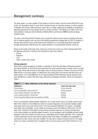 4
Management summary
The Asian region is a major supplier of fish products to the EU market. Over the period 2005-2010 in par-
ticular, the aquaculture sector in some Asian countries became an important producer as well as exporter
of whitefish and shrimps. Within the Asian region CBI is currently studying the possibilities of developing in-
tegrated programmes for the seafood sector for specific countries. This follows up on CBI’s current sea-
food activities in Indonesia with the Ministry of Marine Affairs and Fisheries (MMAF) and the Surabaya
Seafood Centre.
The policy of the Government of Vietnam aims to guide the seafood sector towards a leading world posi-
tion as seafood exporter and is set out in the fisheries development strategy plan to 2020. An analysis of
the plan shows that the focus of the Government of Vietnam is on increasing aquaculture production
through diversification while the focus for capture fisheries is on protecting the fisheries resources.
Based on the results of the desk study, which was carried out in phase one of this seafood export VCA,
the following subsectors in Vietnam were selected for value chain analysis:
- Shrimp
- Pangasius
- Tuna
- Clams, oysters and mussels
Shrimp subsector
About 90% of shrimp production in Vietnam is exported. In 2010 the total value of Vietnamese exports
was almost USD2bn. In 2010 the EU and Japan were the most important export markets in terms of value.
Black Tiger shrimp still accounts for the largest share of shrimp production. However, the share of Pacific
White shrimp is increasing rapidly. It is likely that in the coming years more farmers will shift to this non-
native species. Five main bottlenecks for the export potential of the Vietnamese shrimp subsector have
been identified as a result of the desk study, field work and validation workshop. These are presented in
Table 1.
Table 1 Main bottlenecks of the shrimp subsector
Bottlenecks Level in the value chain
Shrimp disease Primary production
Lack of sustainability in shrimp production Primary production
Lack of vertical cooperation in the value chain All levels
Lack of capital investment in infrastructure All levels
Lack of cooperation between value chain operators and BSOs All levels
There is considerable overlap between bottlenecks. As a result certain actions can tackle several issues.
Most of the solutions to the bottlenecks relate to increased integration and cooperation between public
and private actors across the shrimp sector. The most important bottlenecks for exports - traceability,
food safety and sustainability - can be solved by increasing control and influence of lead firms over the
value chain. Contrary to the problems at the primary production level such as disease and high input
costs, these problems are directly related to exports, as non-compliance with traceability and food safety
regulations will result in denial of market access, especially by the EU health authorities. This is especially
so when exporting to the EU retail market segment where food safety, traceability and sustainability re-
quirements are even stricter and more complex. The only way to achieve increased control in the supply
chain is to create a competent base of suppliers who are not too risky to work with for lead firms or by
 