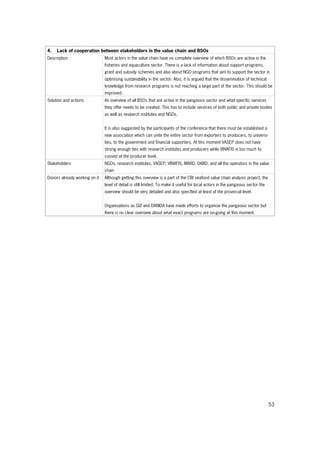 53
4. Lack of cooperation between stakeholders in the value chain and BSOs
Description Most actors in the value chain have no complete overview of which BSOs are active in the
fisheries and aquaculture sector. There is a lack of information about support programs,
grant and subsidy schemes and also about NGO programs that aim to support the sector in
optimizing sustainability in the sector. Also, it is argued that the dissemination of technical
knowledge from research programs is not reaching a large part of the sector. This should be
improved.
Solution and actions An overview of all BSOs that are active in the pangasius sector and what specific services
they offer needs to be created. This has to include services of both public and private bodies
as well as research institutes and NGOs.
It is also suggested by the participants of the conference that there must be established a
new association which can unite the entire sector from exporters to producers, to universi-
ties, to the government and financial supporters. At this moment VASEP does not have
strong enough ties with research institutes and producers while VINAFIS is too much fo-
cussed at the producer level.
Stakeholders NGOs, research institutes, VASEP, VINAFIS, MARD, DARD, and all the operators in the value
chain
Donors already working on it Although getting this overview is a part of the CBI seafood value chain analysis project, the
level of detail is still limited. To make it useful for local actors in the pangasius sector the
overview should be very detailed and also specified at least at the provincial level.
Organisations as GIZ and DANIDA have made efforts to organise the pangasius sector but
there is no clear overview about what exact programs are on-going at this moment.
 