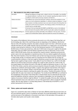 62
6. High standards for food safety in export markets
Description Although the bottleneck of foreign trade is related to the lack of traceability, it was identified
as a separate bottleneck. In particular, the strict standards regarding food safety (in the EU)
are difficult to meet for both processing companies and fishermen.
Solution and actions This bottleneck was not discussed during the conference. Because the standards for food
safety are not set by Vietnamese stakeholders it is difficult to tackle this bottleneck. To meet
these standards most likely investments have to be made at the level of the fishing fleet, fish
landing sites and the processors/exporters. Also lobbying activities of the Vietnamese gov-
ernment may be a possible option.
Stakeholders At the level of the tuna fishing fleet DECAFIREP and VINATUNA can work on this bottleneck
while at the level of the exporters VASEP and VCCI may be able to address this bottleneck.
Donors already working on it No donor agencies are working specifically on this bottleneck in the tuna sector. The future
support from the World Bank however might also benefit the removal of this bottleneck.
Conclusion
The majority of the bottlenecks that are previously discussed occur at the stage of the fishing fleet, and
the fish landing sites. Most of the small fishing vessels are depending on the middlemen. Also the fact
that out of the 144 exporting companies only sixteen companies export more than 1,000 tonnes per year
indicates that there are many smaller exporters that do not all export on a regular basis. An issue that has
not been raised during the conference is the fact that Vietnamese exporters in 2010 exported about
80,000 tonnes of frozen and canned tuna, while only 37,000 tonnes of tuna were caught by the domestic
fishing fleet. Data from VASEP show that Vietnam imported more than 52,000 tonnes of tuna in 2010,
while in 2009 42,000 tonnes of tuna was imported from several countries, Vietnamese processors/ex-
porters seem to be more dependent on imported tuna than on the raw material supplied by the domestic
fleet. Also Dutch importers of tuna from Vietnam point out that most large processing companies depend
on large foreign vessels. An important aspect for importing tuna from Vietnam that has not been dis-
cussed during the conference is that tuna caught by Vietnamese vessels has lower import tariffs than tuna
that has been caught by foreign vessels. Frozen yellow fin tuna from Vietnam has a tariff of 14.5% while
yellow fin tuna that has been processed in Vietnam but caught by other vessels has a tariff of 18%. For
pre-cooked skipjack from Vietnam the tariff is 20% while not caught by Vietnamese vessels it is 24%. If up
to 50% of the catches cannot be sold to processors/exporters because the quality of the tuna has deteri-
orated due to insufficient cold storage facilities, it appears that significant improvements at the stage of
the fishing fleet can be achieved. Having in mind the lower tariffs for Vietnamese caught tuna, also pro-
cessors should have an interest in improving the quality of the catches. Therefore the position of the fish-
ing fleet within the value chain needs to be strengthened. The recently formed VINATUNA can contribute to
the strengthening of the position of the fishing fleet. It should however also be noted that the discussions
about the bottlenecks during the conference were dominated by stakeholders from the fishing fleet. Per-
ceptions of processors therefore might be different. To maintain the quality of the tuna after catching sig-
nificant investments have to be made and it is not sure if the government is able to provide the requested
support. Also the steps Vietnam is currently taking towards a full membership of the WCPFC is an im-
portant improvement for the tuna sector.
4.6 Clams, oysters and mussels subsector
Figure 4.6.1 present the value chains in Vietnam for hard clams (Meretrix lyrata). Because hard clams are
the most important species in terms of production and export, the visual representation of the value chain
and the discussion of the bottlenecks is focussed on hard clams. In the description of the operators, in-
formation about oysters and mussels is also included.
 