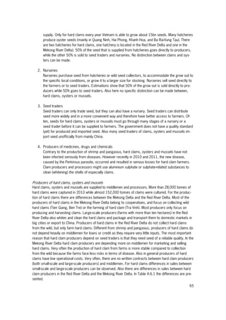 65
supply. Only for hard clams every year Vietnam is able to grow about 15bn seeds. Many hatcheries
produce oyster seeds (mainly in Quang Ninh, Hai Phong, Khanh Hoa, and Ba Ria-Vung Tau). There
are two hatcheries for hard clams, one hatchery is located in the Red River Delta and one in the
Mekong River Delta). 50% of the seed that is supplied from hatcheries goes directly to producers,
while the other 50% is sold to seed traders and nurseries. No distinction between clams and oys-
ters can be made.
2. Nurseries
Nurseries purchase seed from hatcheries or wild seed collectors, to accommodate the grow out to
the specific local conditions, or grow it to a larger size for stocking. Nurseries sell seed directly to
the farmers or to seed traders. Estimations show that 50% of the grow out is sold directly to pro-
ducers while 50% goes to seed traders. Also here no specific distinction can be made between,
hard clams, oysters or mussels.
3. Seed traders
Seed traders can only trade seed, but they can also have a nursery. Seed traders can distribute
seed more widely and in a more convenient way and therefore have better access to farmers. Of-
ten, seeds for hard clams, oysters or mussels must go through many stages of a nursery or a
seed trader before it can be supplied to farmers. The government does not have a quality standard
(yet) for produced and imported seed. Also many seed traders of clams, oysters and mussels im-
port seed unofficially from mainly China.
4. Producers of medicines, drugs and chemicals
Contrary to the production of shrimp and pangasius, hard clams, oysters and mussels have not
been infected seriously from diseases. However recently in 2010 and 2011, the new disease,
caused by the Perkinsus parasite, occurred and resulted in serious losses for hard clam farmers.
Clam producers and processors might use aluminium sulphate or sulphate-related substances to
clean (whitening) the shells of especially clams.
Producers of hard clams, oysters and mussels
Hard clams, oysters and mussels are supplied to middlemen and processors. More than 28,000 tonnes of
hard clams were captured in 2010 while almost 152,000 tonnes of clams were cultured. For the produc-
tion of hard clams there are differences between the Mekong Delta and the Red River Delta. Most of the
producers of hard clams in the Mekong River Delta belong to cooperatives, and focus on collecting wild
hard clams (Tien Giang, Ben Tre) or the farming of hard clam (Tra Vinh). Most producers only focus on
producing and harvesting clams. Large-scale producers (farms with more than ten hectares) in the Red
River Delta also whiten and clean the hard clams and package and transport them to domestic markets in
big cities or export to China. Producers of hard clams in the Red River Delta do not collect hard clams
from the wild, but only farm hard clams. Different from shrimp and pangasius, producers of hard clams do
not depend heavily on middlemen for loans or credit as they require very little inputs. The most important
reason that hard clam producers depend on seed traders is that they need seed of a reliable quality. In the
Mekong River Delta hard clam producers are depending more on middlemen for marketing and selling
hard clams. Very often the production of hard clam from farms is more stable compared to collection
from the wild because the farms face less risks in terms of disease. Also in general producers of hard
clams have low operational costs. Very often, there are no written contracts between hard clam producers
(both small-scale and large-scale producers) and middlemen. For hard clams differences in sales between
small-scale and large-scale producers can be observed. Also there are differences in sales between hard
clam producers in the Red River Delta and the Mekong River Delta. In Table 4.6.1 the differences are pre-
sented.
 