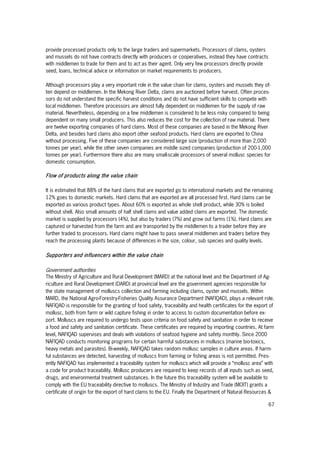 67
provide processed products only to the large traders and supermarkets. Processors of clams, oysters
and mussels do not have contracts directly with producers or cooperatives, instead they have contracts
with middlemen to trade for them and to act as their agent. Only very few processors directly provide
seed, loans, technical advice or information on market requirements to producers.
Although processors play a very important role in the value chain for clams, oysters and mussels they of-
ten depend on middlemen. In the Mekong River Delta, clams are auctioned before harvest. Often proces-
sors do not understand the specific harvest conditions and do not have sufficient skills to compete with
local middlemen. Therefore processors are almost fully dependent on middlemen for the supply of raw
material. Nevertheless, depending on a few middlemen is considered to be less risky compared to being
dependent on many small producers. This also reduces the cost for the collection of raw material. There
are twelve exporting companies of hard clams. Most of these companies are based in the Mekong River
Delta, and besides hard clams also export other seafood products. Hard clams are exported to China
without processing. Five of these companies are considered large size (production of more than 2,000
tonnes per year), while the other seven companies are middle sized companies (production of 200-1,000
tonnes per year). Furthermore there also are many small-scale processors of several mollusc species for
domestic consumption.
Flow of products along the value chain
It is estimated that 88% of the hard clams that are exported go to international markets and the remaining
12% goes to domestic markets. Hard clams that are exported are all processed first. Hard clams can be
exported as various product types. About 60% is exported as whole shell product, while 30% is boiled
without shell. Also small amounts of half shell clams and value added clams are exported. The domestic
market is supplied by processors (4%), but also by traders (7%) and grow out farms (1%). Hard clams are
captured or harvested from the farm and are transported by the middlemen to a trader before they are
further traded to processors. Hard clams might have to pass several middlemen and traders before they
reach the processing plants because of differences in the size, colour, sub species and quality levels.
Supporters and influencers within the value chain
Government authorities
The Ministry of Agriculture and Rural Development (MARD) at the national level and the Department of Ag-
riculture and Rural Development (DARD) at provincial level are the government agencies responsible for
the state management of molluscs collection and farming including clams, oyster and mussels. Within
MARD, the National Agro-Forestry-Fisheries Quality Assurance Department (NAFIQAD), plays a relevant role.
NAFIQAD is responsible for the granting of food safety, traceability and health certificates for the export of
mollusc, both from farm or wild capture fishing in order to access to custom documentation before ex-
port. Molluscs are required to undergo tests upon criteria on food safety and sanitation in order to receive
a food and safety and sanitation certificate. These certificates are required by importing countries. At farm
level, NAFIQAD supervises and deals with violations of seafood hygiene and safety monthly. Since 2000
NAFIQAD conducts monitoring programs for certain harmful substances in molluscs (marine bio-toxics,
heavy metals and parasites). Bi-weekly, NAFIQAD takes random mollusc samples in culture areas. If harm-
ful substances are detected, harvesting of molluscs from farming or fishing areas is not permitted. Pres-
ently NAFIQAD has implemented a traceability system for molluscs which will provide a “mollusc area” with
a code for product traceability. Mollusc producers are required to keep records of all inputs such as seed,
drugs, and environmental treatment substances. In the future this traceability system will be available to
comply with the EU traceability directive to molluscs. The Ministry of Industry and Trade (MOIT) grants a
certificate of origin for the export of hard clams to the EU. Finally the Department of Natural Resources &
 