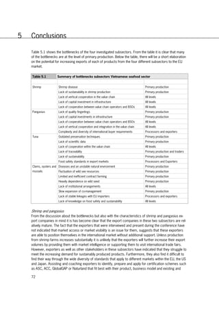 72
5 Conclusions
Table 5.1 shows the bottlenecks of the four investigated subsectors. From the table it is clear that many
of the bottlenecks are at the level of primary production. Below the table, there will be a short elaboration
on the potential for increasing exports of each of products from the four different subsectors to the EU
market.
Table 5.1 Summary of bottlenecks subsectors Vietnamese seafood sector
Subsector Bottlenecks Level in the value chain
Shrimp Shrimp disease Primary production
Lack of sustainability in shrimp production Primary production
Lack of vertical cooperation in the value chain All levels
Lack of capital investment in infrastructure All levels
Lack of cooperation between value chain operators and BSOs All levels
Pangasius Lack of quality fingerlings Primary production
Lack of capital investments in infrastructure Primary production
Lack of cooperation between value chain operators and BSOs All levels
Lack of vertical cooperation and integration in the value chain All levels
Complexity and diversity of international buyer requirements Processors and exporters
Tuna Outdated preservation techniques Primary production
Lack of scientific data Primary production
Lack of cooperation within the value chain All levels
Lack of traceability Primary production and traders
Lack of sustainability Primary production
Food safety standards in export markets Processors and Exporters
Clams, oysters and
mussels
Diseases and an unstable natural environment Primary production
Fluctuation of wild see resources Primary production
Limited and inefficient contract farming Primary production
Heavily dependence on wild seed Primary production
Lack of institutional arrangements All levels
Slow expansion of co-management Primary production
Lack of stable linkages with EU importers Processors and exporters
Lack of knowledge on food safety and sustainability All levels
Shrimp and pangasius
From the discussion about the bottlenecks but also with the characteristics of shrimp and pangasius ex-
port companies in mind it is has become clear that the export companies in these two subsectors are rel-
atively mature. The fact that the exporters that were interviewed and present during the conference have
not indicated that market access or market visibility is an issue for them, suggests that these exporters
are able to position themselves in the international market without additional support. Unless production
from shrimp farms increases substantially it is unlikely that the exporters will further increase their export
volumes by providing them with market intelligence or supporting them to visit international trade fairs.
However, exporters as well as other stakeholders in these subsectors have indicated that they struggle to
meet the increasing demand for sustainably produced products. Furthermore, they also find it difficult to
find their way through the wide diversity of standards that apply to different markets within the EU, the US
and Japan. Assisting and coaching exporters to identify, prepare and apply for certification schemes such
as ASC, ACC, GlobalGAP or Naturland that fit best with their product, business model and existing and
 