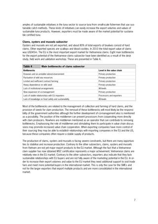 7
amples of sustainable initiatives in the tuna sector to source tuna from small-scale fishermen that use sus-
tainable catch methods. These kinds of initiatives can easily increase the export volumes and values of
sustainable tuna products. However, exporters must be made aware of the market potential for sustaina-
ble certified tuna.
Clams, oysters and mussels subsector
Oysters and mussels are not yet exported, and about 80% of total exports of bivalves consist of hard
clams. Other exported species are scallops and blood cockles. In 2010 the total export value of clams
was USD45m. The EU is the most important export market for Vietnamese clams. Eight main bottlenecks
for the export potential of the Vietnamese clams subsector have been identified as a result of the desk
study, field work and validation workshop. These are presented in Table 4.
Table 4 Main bottlenecks of clams subsector
Bottlenecks Level in the value chain
Diseases and an unstable natural environment Primary production
Fluctuation of wild sea resources Primary production
Limited and inefficient contract farming Primary production
Heavy dependence on wild seed Primary production
Lack of institutional arrangements All levels
Slow expansion of co-management Primary production
Lack of stable relationships with EU importers Processors and exporters
Lack of knowledge on food safety and sustainability All levels
Most of the bottlenecks are related to the management of collection and farming of hard clams, and the
provision of seeds for clam production. The removal of these bottlenecks will most likely be the responsi-
bility of the government authorities although the further development of co-management also is mentioned
as a possibility. The position of the middlemen can prevent processors from cooperating more directly
with clam producers. Nowhere are middlemen mentioned as an operator that can contribute to removing
bottlenecks. Emphasising the role of middlemen and stimulating them to participate in value chain discus-
sions may promote increased value chain cooperation. When exporting companies have more control of
their sourcing they may be able to establish relationships with importing companies in the EU and the US,
because these companies often require a stable supply of products.
The production of clams, oysters and mussels is facing severe constraints, but there are many opportuni-
ties to stabilise and increase production. Contrary to the other subsectors, clams, oysters and mussels
from Vietnam are not yet major export products to the EU market. Although the fact that a Vietnamese
clam supplier has now obtained MSC certification represents a major achievement, Vietnamese clams are
relatively new in the EU market. Contrary to the other subsectors, exporters also indicate that they lack
sustainable relationships with EU buyers and are not fully aware of the marketing potential in the EU. In or-
der to increase their export volumes and value to the EU market they need additional support to visit trade
fairs and meet more potential buyers in the international market. This is only the case for the SMEs and
not for the larger exporters that export multiple products and are more consolidated in the international
market.
 