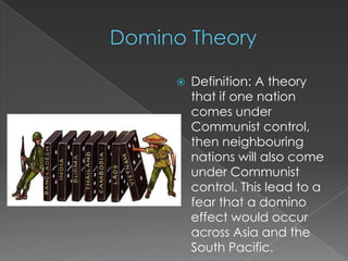    Definition: A theory
    that if one nation
    comes under
    Communist control,
    then neighbouring
    nations will also come
    under Communist
    control. This lead to a
    fear that a domino
    effect would occur
    across Asia and the
    South Pacific.
 