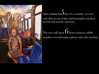 5
After waiting for     days for a transfer, we were
sent with an out of date and incomplete medical
record and transfer summary.


The new staff spent   6   hours trying to cobble
together a record using a phone and a fax machine.
 