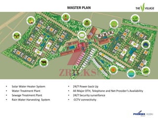 • Solar Water Heater System
• Water Treatment Plant
• Sewage Treatment Plant
• Rain Water Harvesting System
• 24/7 Power back Up
• All Major DTH, Telephone and Net Provider’s Availability
• 24/7 Security surveillance
• CCTV connectivity
MASTER PLAN
 