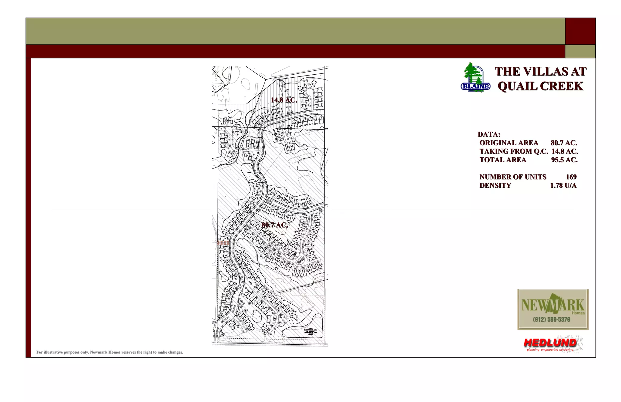 THE VILLAS AT QUAIL CREEK For illustrative purposes only. Newmark Homes reserves the right to make changes. DATA: ORIGINAL AREA 80.7 AC. TAKING FROM Q.C. 14.8 AC. TOTAL AREA 95.5 AC. NUMBER OF UNITS 169 DENSITY 1.78 U/A 14.8 AC. 80.7 AC.