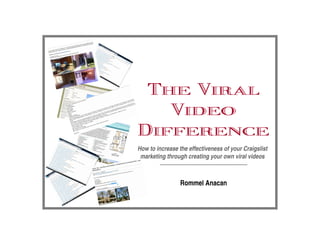 The Viral
   Video
Difference
How to increase the effectiveness of your Craigslist
 marketing through creating your own viral videos



                 Rommel Anacan
 