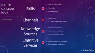 o New or existing bots
o Extensible
o Programmable
VIRTUAL
ASSISTANT
TOUR
@AsishPadhy
o Access Points
o E.g. Teams, Emails, Web, Speech
o Document Repositories
o Line of Business databases
o CRM and Employee Systems
o Offload complexity and intelligence
o LUIS, QNA Maker, Azure Search
 