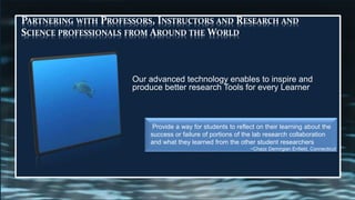 Provide a way for students to reflect on their learning about the
success or failure of portions of the lab research collaboration
and what they learned from the other student researchers
~Chazz Demirgian Enfield, Connecticut
PARTNERING WITH PROFESSORS, INSTRUCTORS AND RESEARCH AND
SCIENCE PROFESSIONALS FROM AROUND THE WORLD
Our advanced technology enables to inspire and
produce better research Tools for every Learner
 