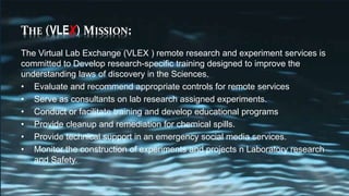THE (VLEX) MISSION:
The Virtual Lab Exchange (VLEX ) remote research and experiment services is
committed to Develop research-specific training designed to improve the
understanding laws of discovery in the Sciences.
• Evaluate and recommend appropriate controls for remote services
• Serve as consultants on lab research assigned experiments.
• Conduct or facilitate training and develop educational programs
• Provide cleanup and remediation for chemical spills.
• Provide technical support in an emergency social media services.
• Monitor the construction of experiments and projects n Laboratory research
and Safety.
 