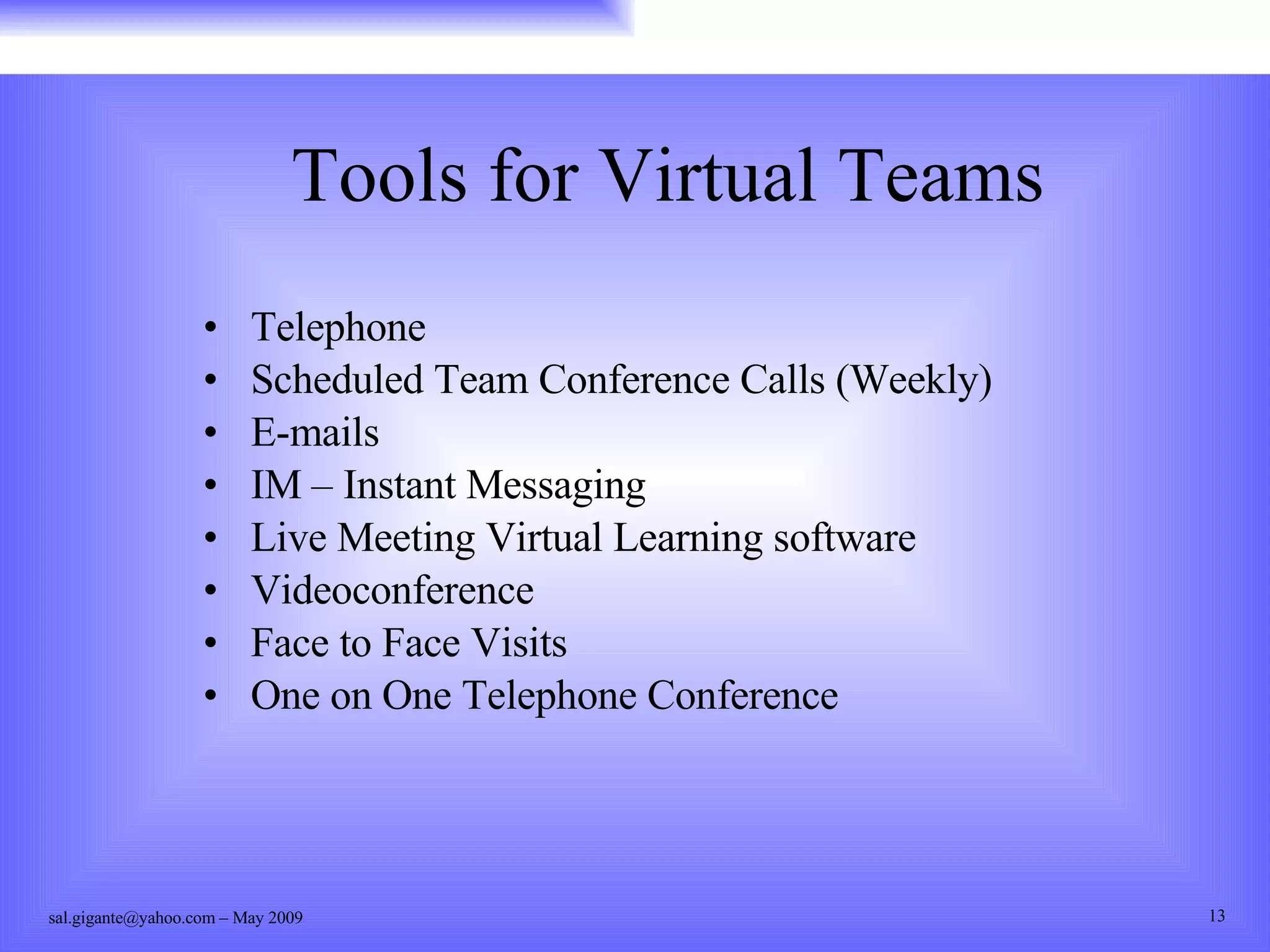Tools for Virtual Teams Telephone Scheduled Team Conference Calls (Weekly) E-mails IM – Instant Messaging Live Meeting Virtual Learning software Videoconference Face to Face Visits One on One Telephone Conference 