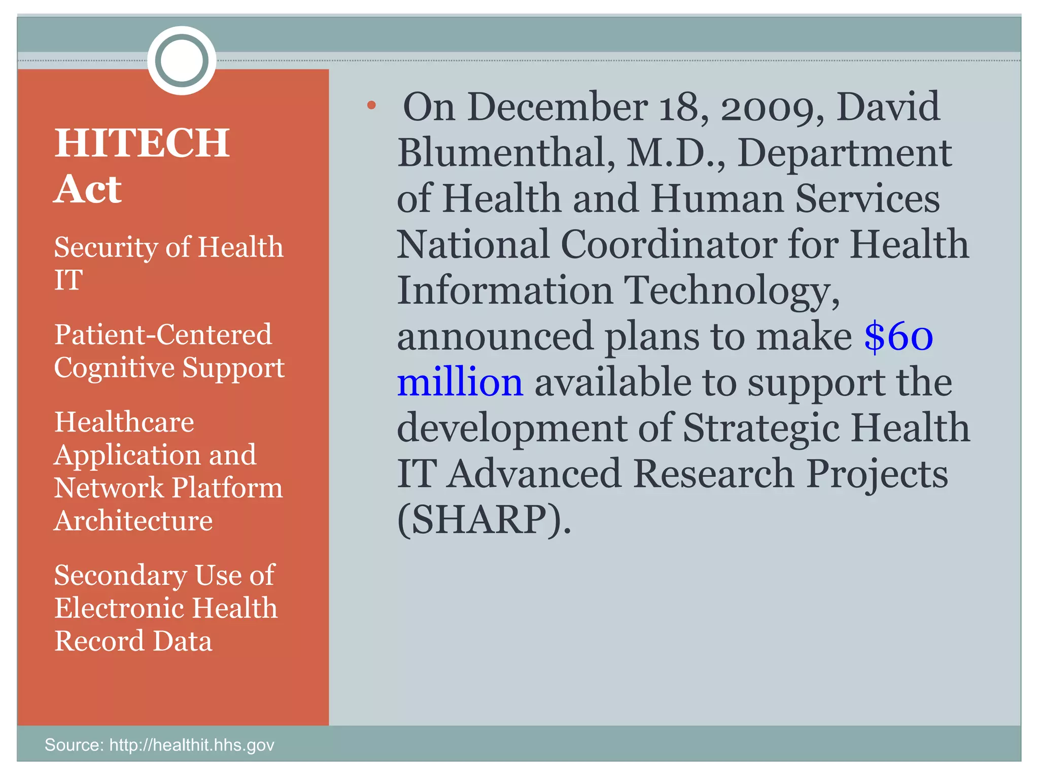 HITECH Act Security of Health IT Patient-Centered Cognitive Support Healthcare Application and Network Platform Architecture Secondary Use of Electronic Health Record Data On December 18, 2009, David Blumenthal, M.D., Department of Health and Human Services National Coordinator for Health Information Technology, announced plans to make  $60 million  available to support the development of Strategic Health IT Advanced Research Projects (SHARP). Source: http://healthit.hhs.gov 