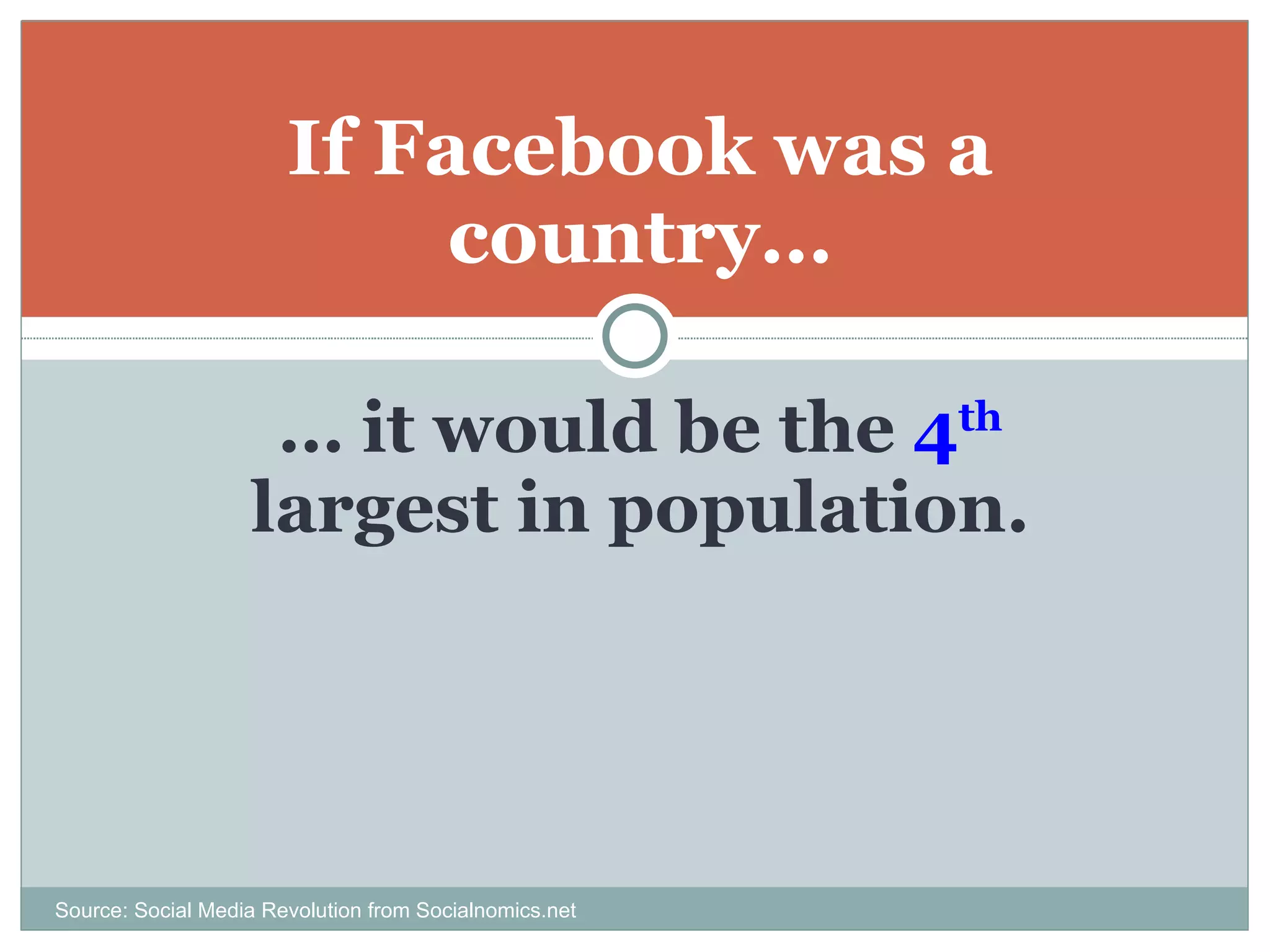 …  it would be the  4 th   largest in population. If Facebook was a country… Source: Social Media Revolution from Socialnomics.net 