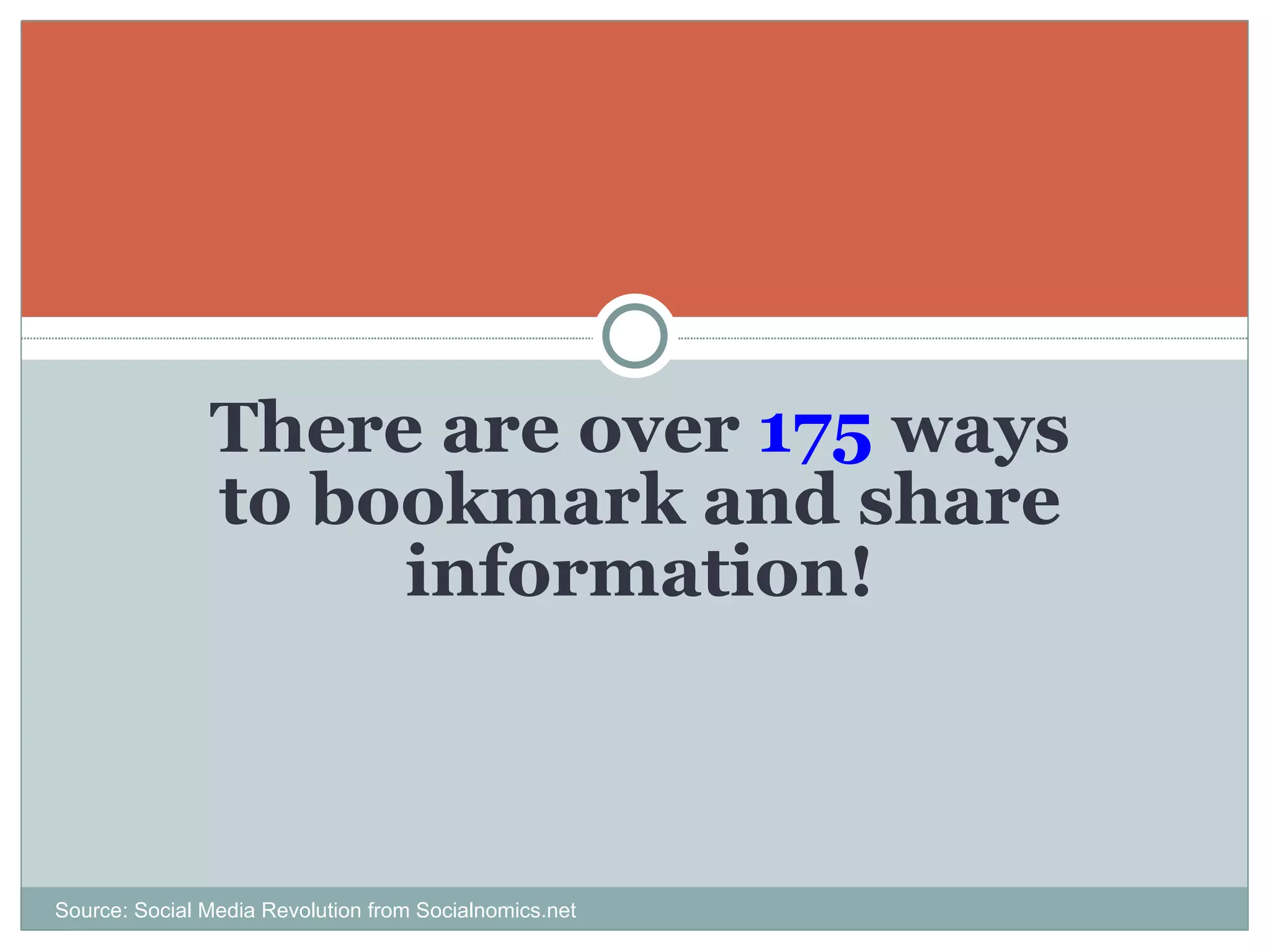 There are over  175  ways to bookmark and share information! Source: Social Media Revolution from Socialnomics.net 