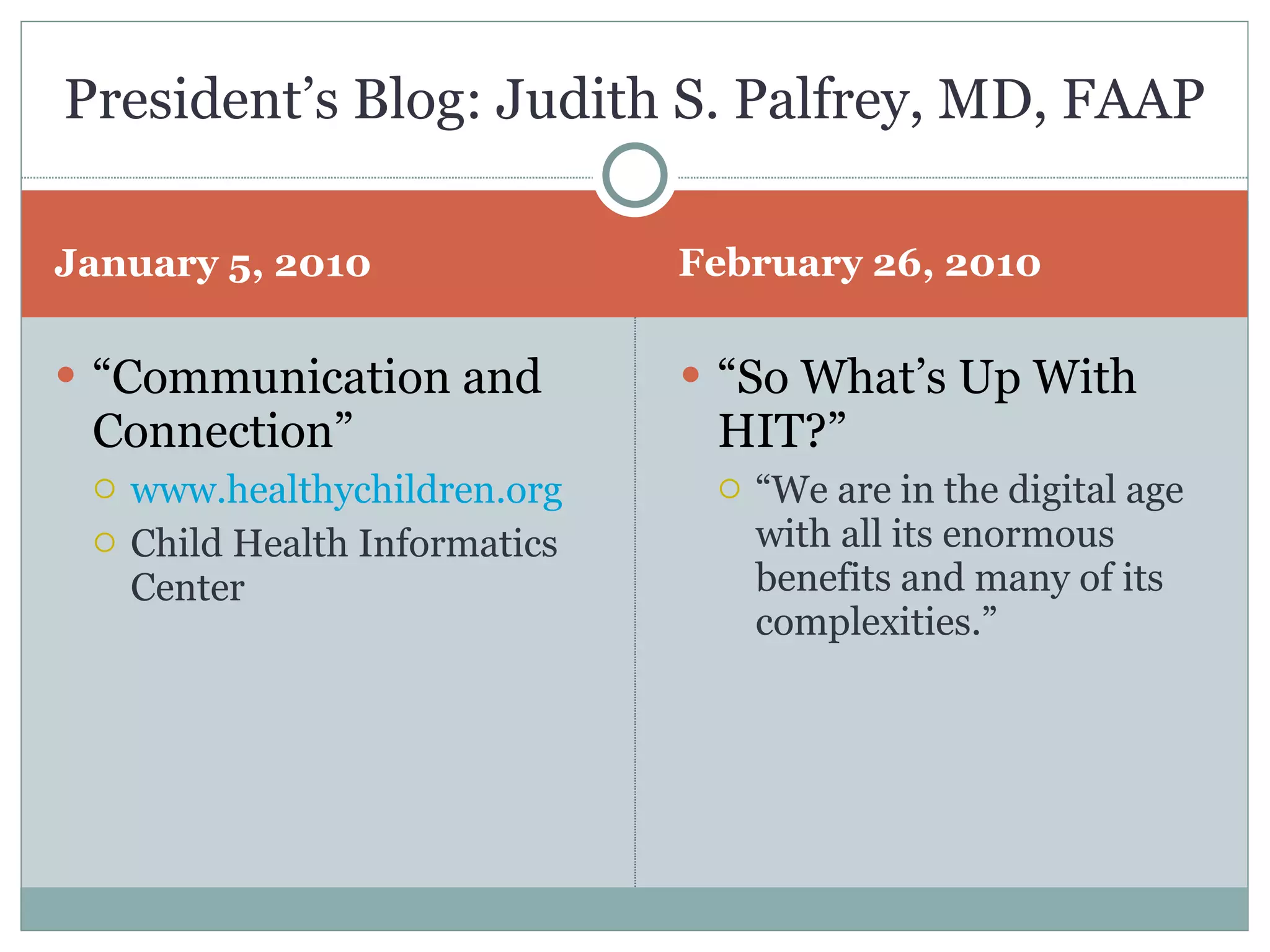 January 5, 2010 February 26, 2010 “ Communication and Connection” www.healthychildren.org Child Health Informatics Center “ So What’s Up With HIT?” “ We are in the digital age with all its enormous benefits and many of its complexities.” President’s Blog: Judith S. Palfrey, MD, FAAP 