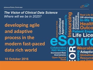 The Vision of Clinical Data Science
Where will we be in 2025?
developing agile
and adaptive
process in the
modern fast-paced
data rich world
10 October 2016
 