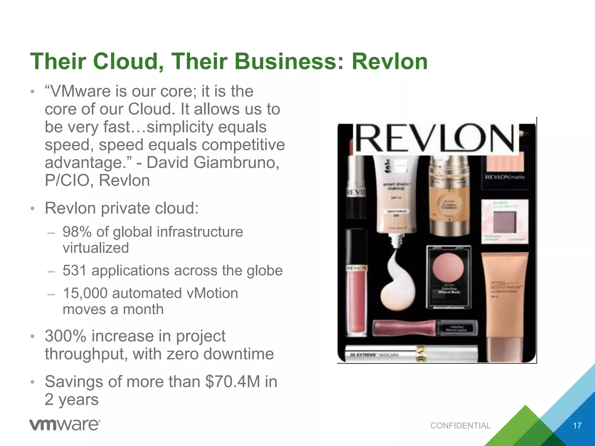 Their Cloud, Their Business: Revlon
• “VMware is our core; it is the
core of our Cloud. It allows us to
be very fast…simplicity equals
speed, speed equals competitive
advantage.” - David Giambruno,
P/CIO, Revlon
• Revlon private cloud:
– 98% of global infrastructure
virtualized
– 531 applications across the globe
– 15,000 automated vMotion
moves a month
• 300% increase in project
throughput, with zero downtime
• Savings of more than $70.4M in
2 years
CONFIDENTIAL 17
 