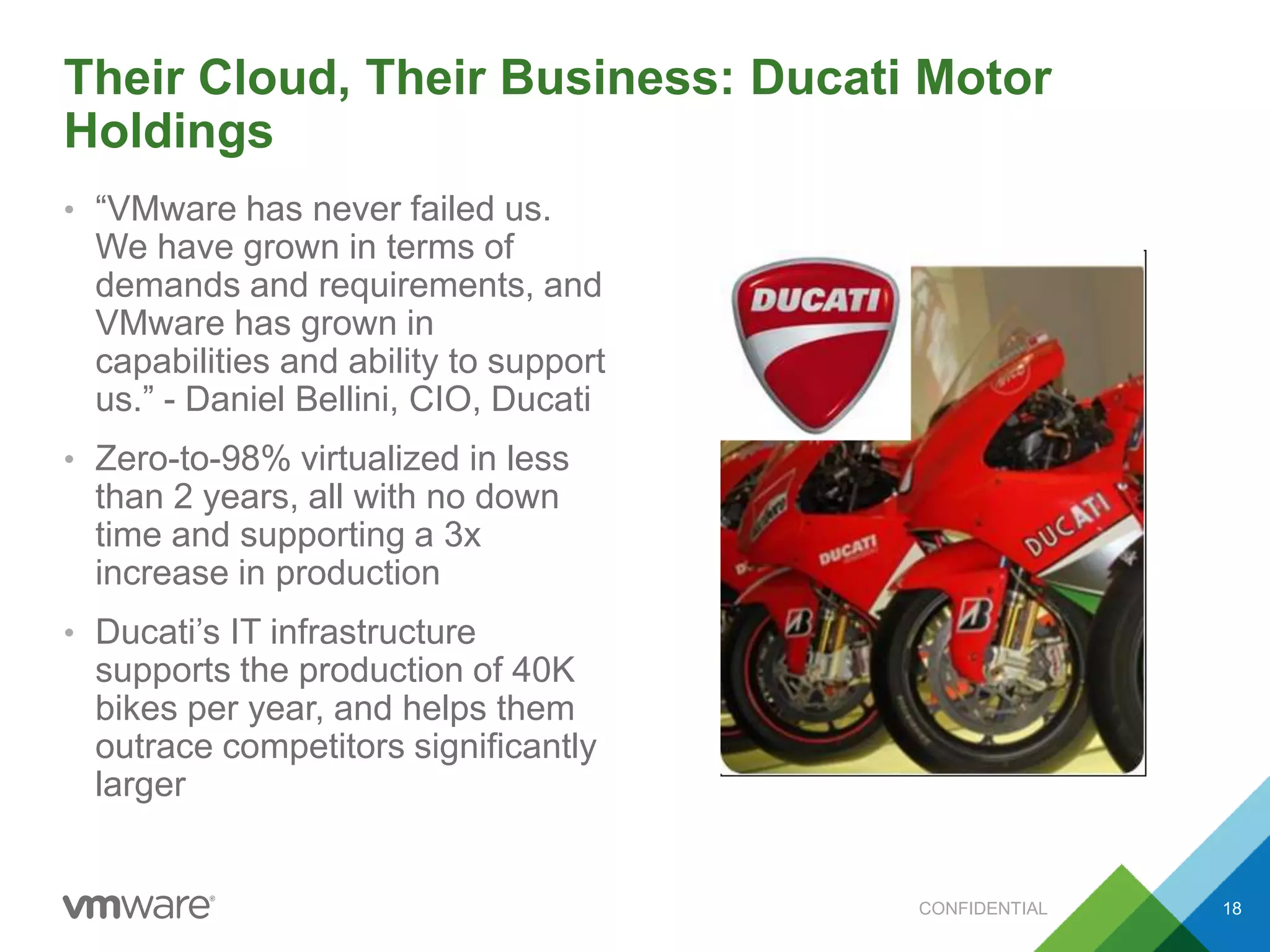Their Cloud, Their Business: Ducati Motor
Holdings
• “VMware has never failed us.
We have grown in terms of
demands and requirements, and
VMware has grown in
capabilities and ability to support
us.” - Daniel Bellini, CIO, Ducati
• Zero-to-98% virtualized in less
than 2 years, all with no down
time and supporting a 3x
increase in production
• Ducati’s IT infrastructure
supports the production of 40K
bikes per year, and helps them
outrace competitors significantly
larger
CONFIDENTIAL 18
 