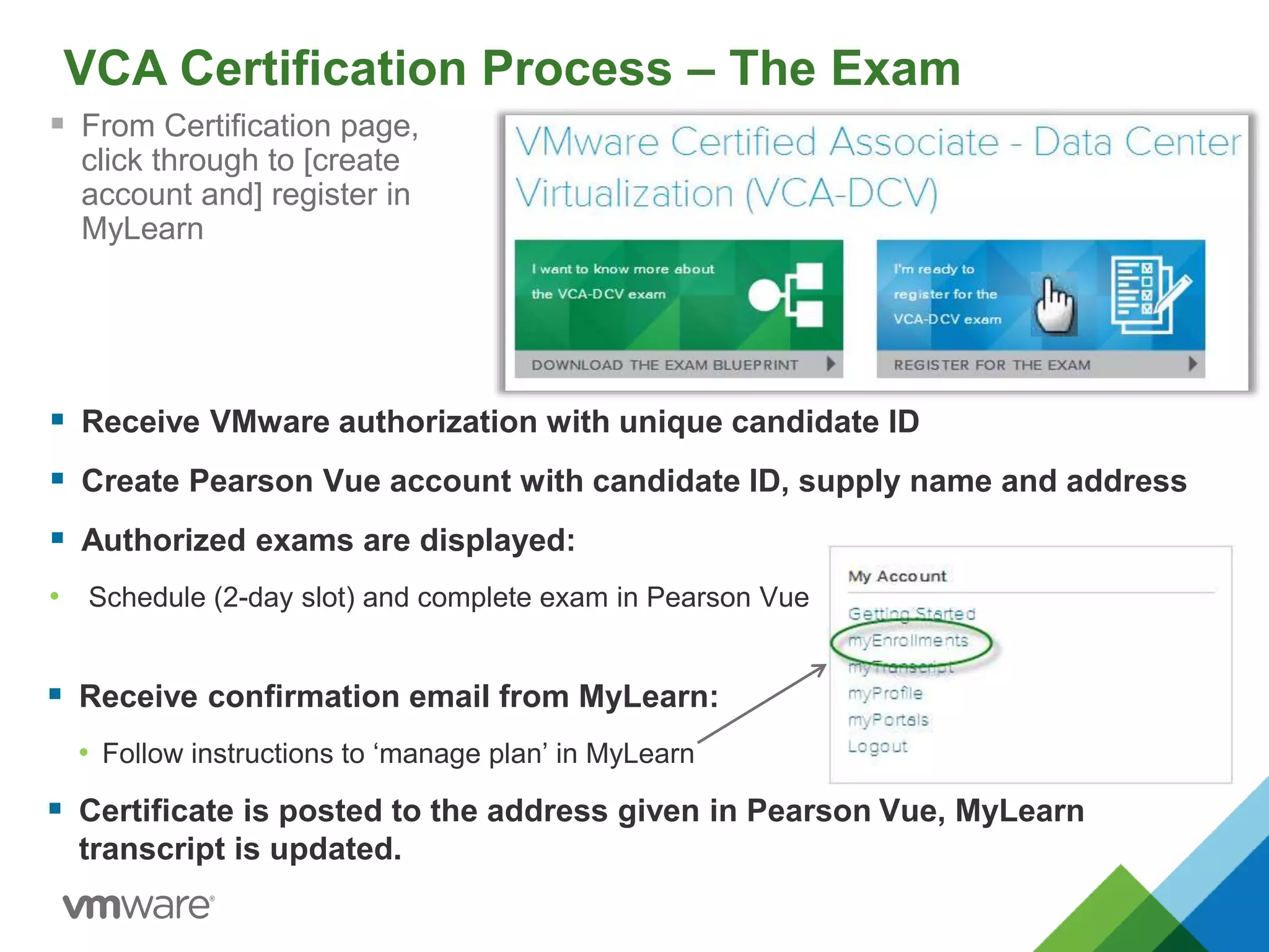 VCA Certification Process – The Exam
 From Certification page,
click through to [create
account and] register in
MyLearn
 Receive VMware authorization with unique candidate ID
 Create Pearson Vue account with candidate ID, supply name and address
 Authorized exams are displayed:
• Schedule (2-day slot) and complete exam in Pearson Vue
 Receive confirmation email from MyLearn:
• Follow instructions to ‘manage plan’ in MyLearn
 Certificate is posted to the address given in Pearson Vue, MyLearn
transcript is updated.
 
