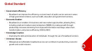 Global Standard
• Government efficiency
– Broadband can improve the efficiency, cost and reach of public sector services in areas
of high government interest, such as health, education and government services.
• Economic Enabler

– Broadband is an enabler of e-business and new market opportunities, allowing firms,
including small and medium-sized enterprises (SMMEs) to realise growth through
productivity increases stemming from improved information exchange, value chain
transformation, and process efficiency (OECD, 2003)
• Knowledge Creation
– Improving the skills and education of individuals through the use of broadband services
• Universal Access
– Widespread and affordable broadband access can contribute to productivity, economic
growth and social inclusion.
5

 