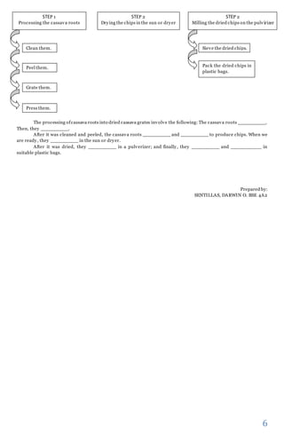 The processing of cassava roots into dried cassava grates involve the following: The cassava roots __________. 
6 
Then, they __________. 
After it was cleaned and peeled, the cassava roots __________ and __________ to produce chips. When we 
are ready, they __________ in the sun or dryer. 
After it was dried, they __________ in a pulverizer; and finally, they __________ and ___________ in 
suitable plastic bags. 
Prepared by: 
SENTILLAS, DARWIN O. BSE 4A2 
STEP 1 
Processing the cassava roots 
STEP 2 
Drying the chips in the sun or dryer 
STEP 2 
Milling the dried chips on the pulvirizer 
Clean them. 
Peel them. 
Grate them. 
Press them. 
Sieve the dried chips. 
Pack the dried chips in 
plastic bags. 
