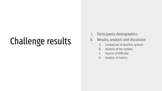 Challenge results
I. Participants demographics
II. Results, analysis and discussion
A. Comparison of baseline systems
B. Analysis of top systems
C. Sources of difﬁculty
D. Analysis of metrics
 