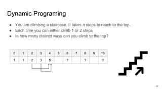 Dynamic Programing
● You are climbing a staircase. It takes n steps to reach to the top.
● Each time you can either climb 1 or 2 steps
● In how many distinct ways can you climb to the top?
0 1 2 3 4 5 6 7 8 9 10
1 1 2 3 5 ? ? ?
22
 